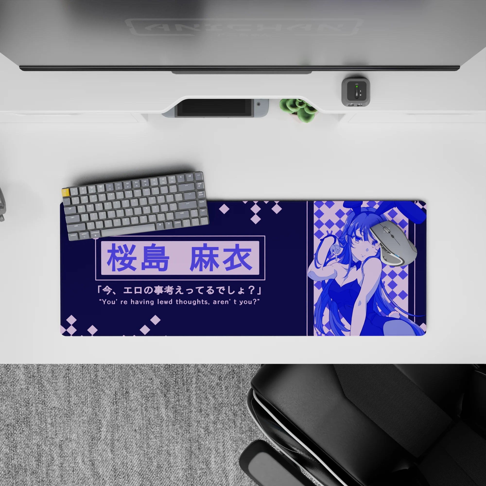 32x12 inches navy and electric violet anime desk mat, cozy night arcade vibe with tiny bunny icons.