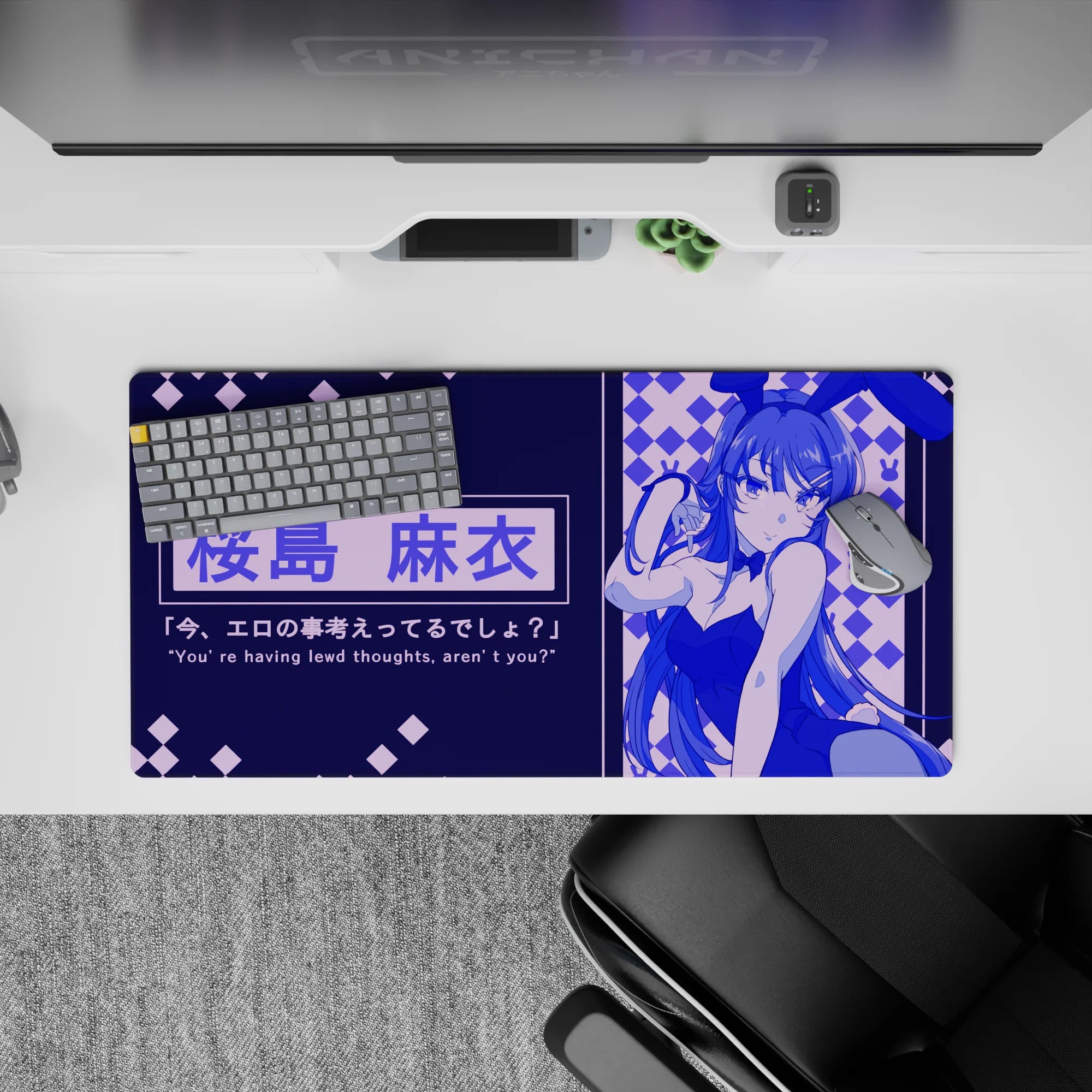 32x16 inches anime desk mat in deep navy and electric violet, cozy night-arcade vibe with cute bunny motifs.