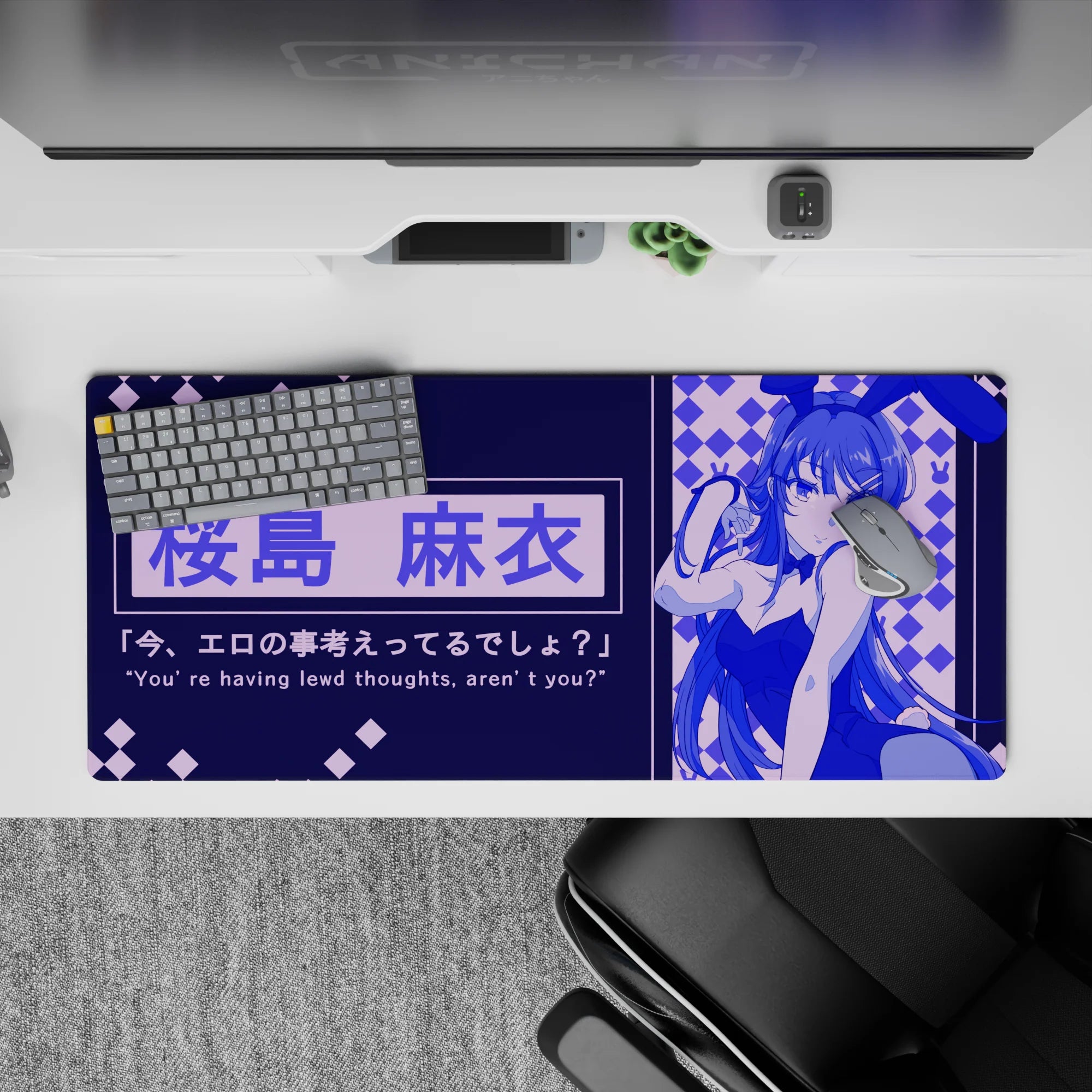 Deep navy and electric violet anime desk pad 36x16 inches, cozy night-arcade vibe and smooth tracking.