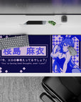 Deep navy and electric violet anime desk pad 36x16 inches, cozy night-arcade vibe and smooth tracking.