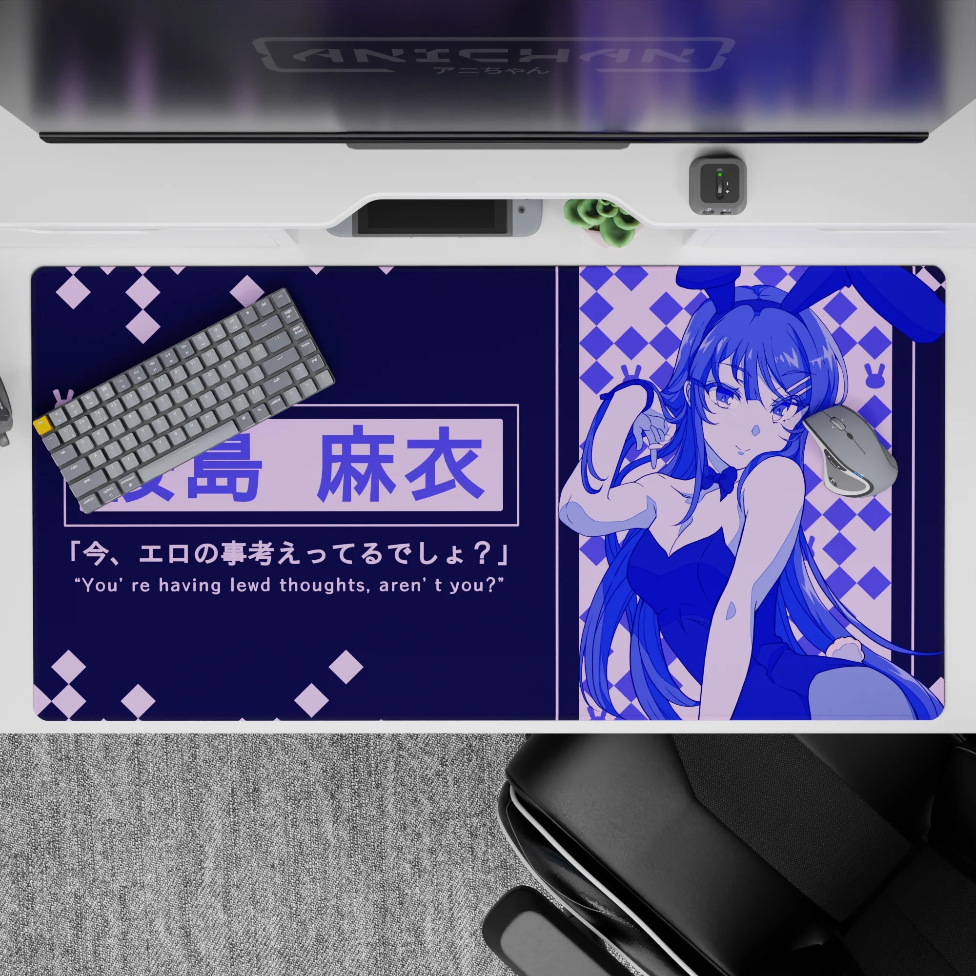 Navy and electric violet anime desk pad 40x20 inches with cozy night arcade vibe and smooth tracking.