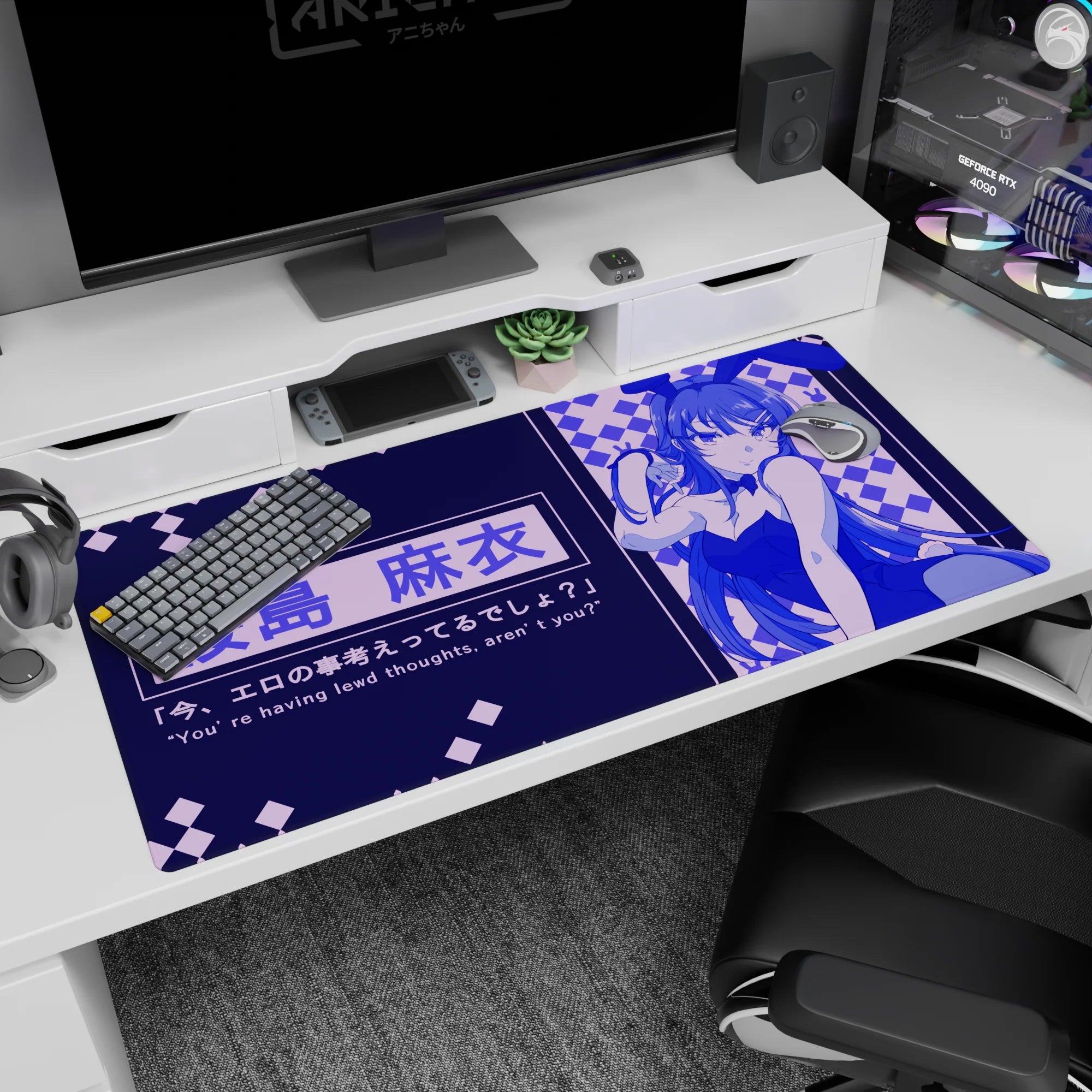 Mai Sakurajima bunny-girl pose desk pad 40x20 inches, flirty line art with flowing hair and cute icons.