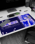 Mai Sakurajima bunny-girl pose desk pad 40x20 inches, flirty line art with flowing hair and cute icons.