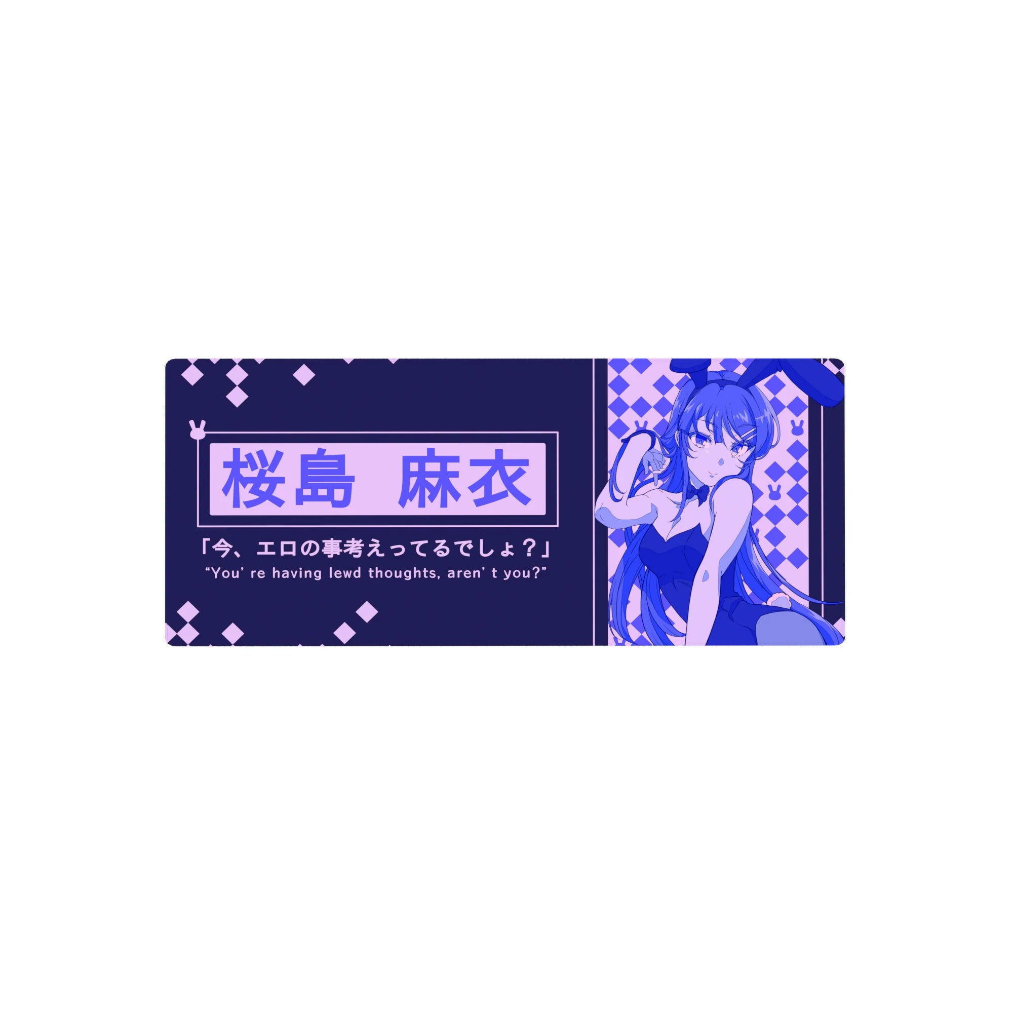 28x12 inches anime girl mouse pad with bunny-girl art, diamond checker accents, and Japanese text panel.