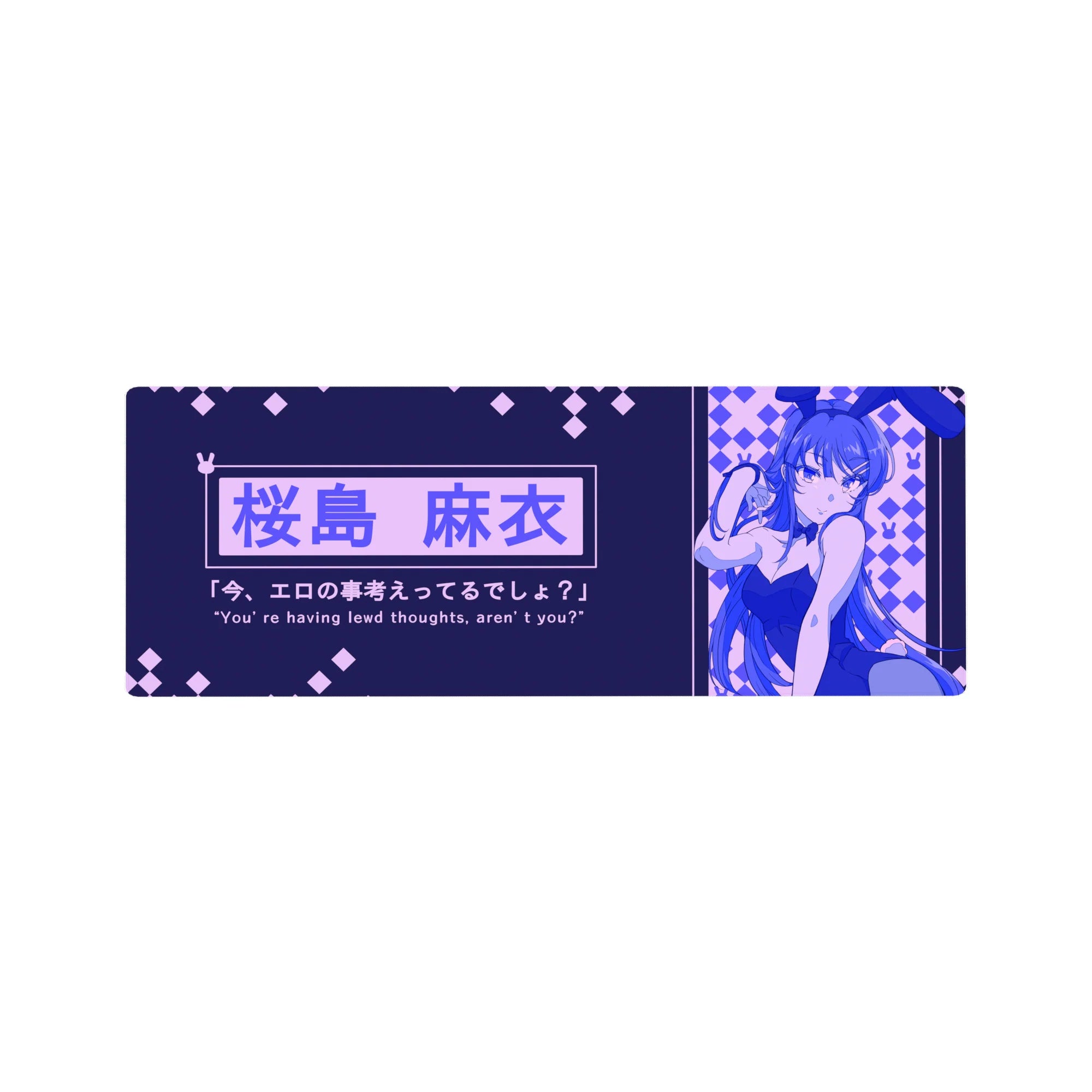 32x12 inches anime girl mouse pad with bunny-girl design, diamond checker accents, and Japanese text panel.