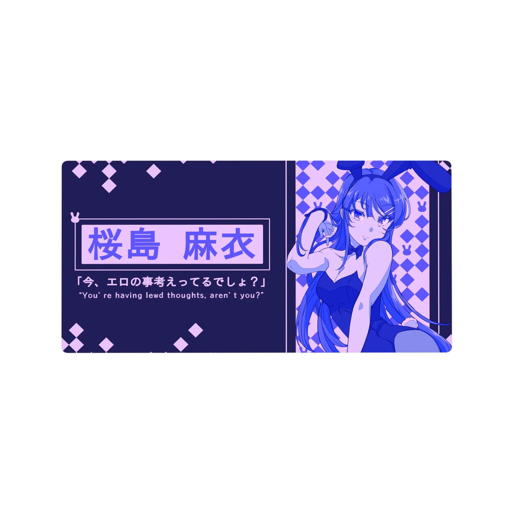 32x16 inches anime girl mouse pad with bunny-girl art, checker diamonds, tiny bunny icons, and bold text.