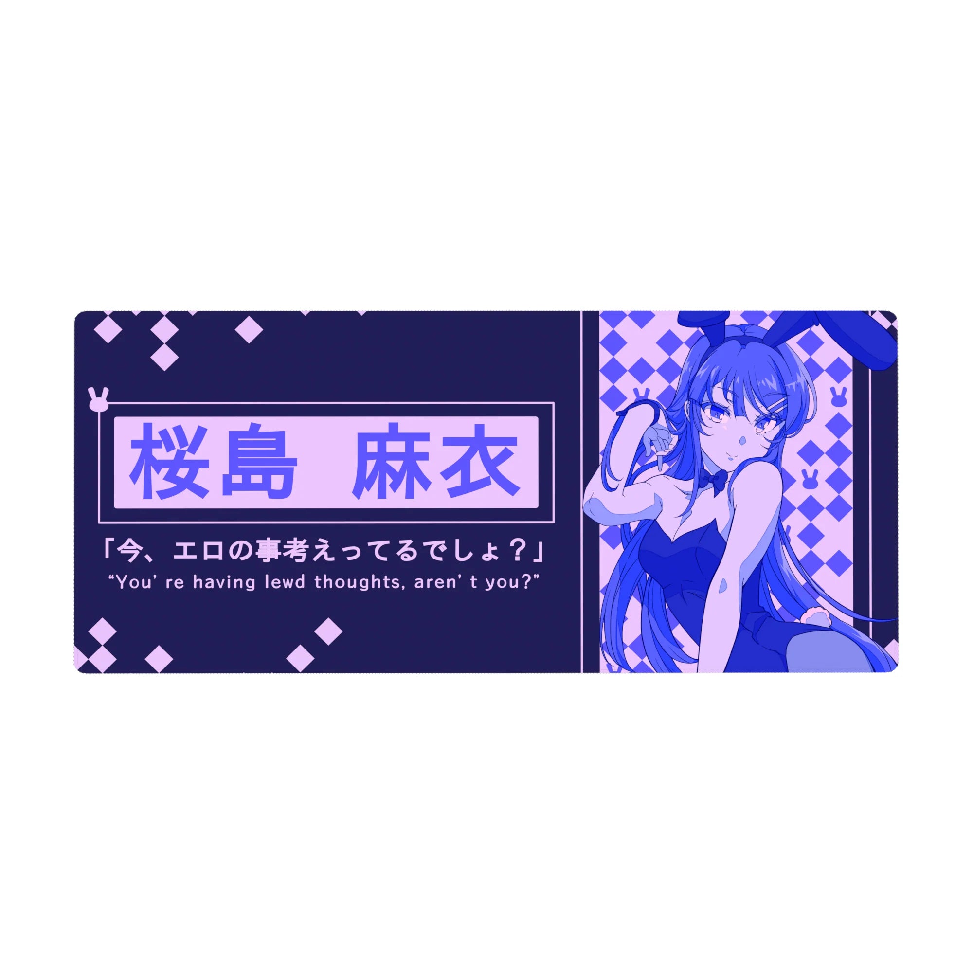 Anime girl desk pad 36x16 inches with bunny-girl art, diamond checker pattern, and bunny icons.