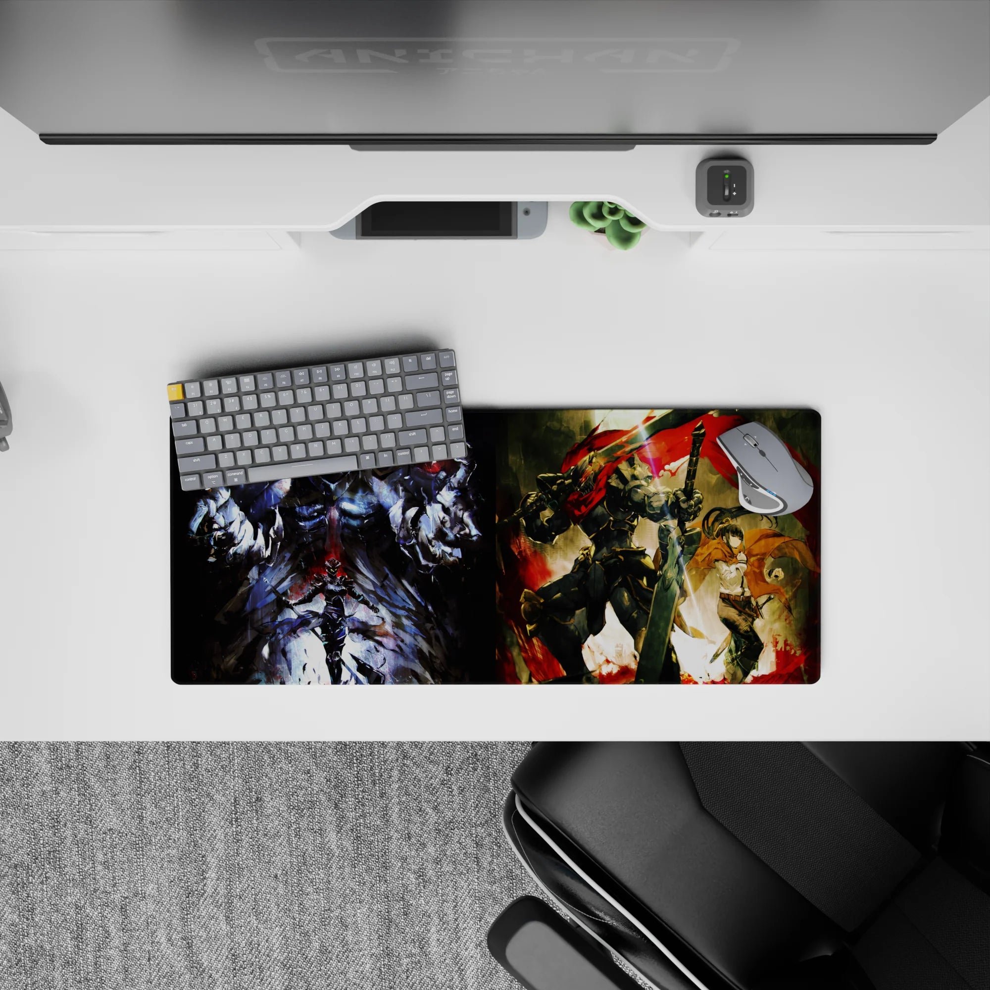 Anime mouse pad featuring Ainz Ooal Gown from Overlord and Goblin Slayer from Goblin Slayer, size 28x12 inches.