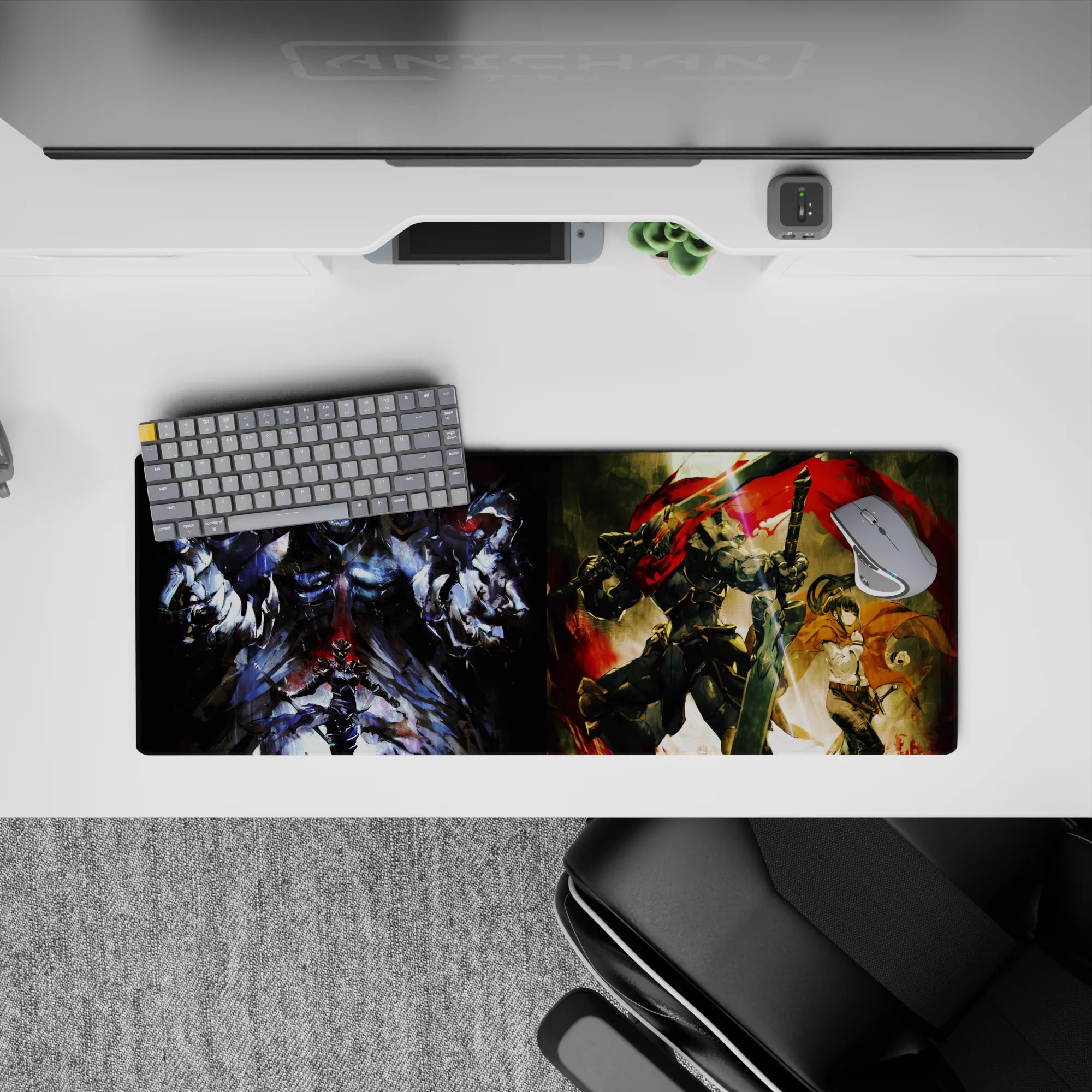 Anime mouse pad 32x12 inches featuring Ainz Ooal Gown from Overlord and Goblin Slayer, split into magic and fury realms.
