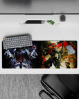 Anime mouse pad 32x12 inches featuring Ainz Ooal Gown from Overlord and Goblin Slayer, split into magic and fury realms.