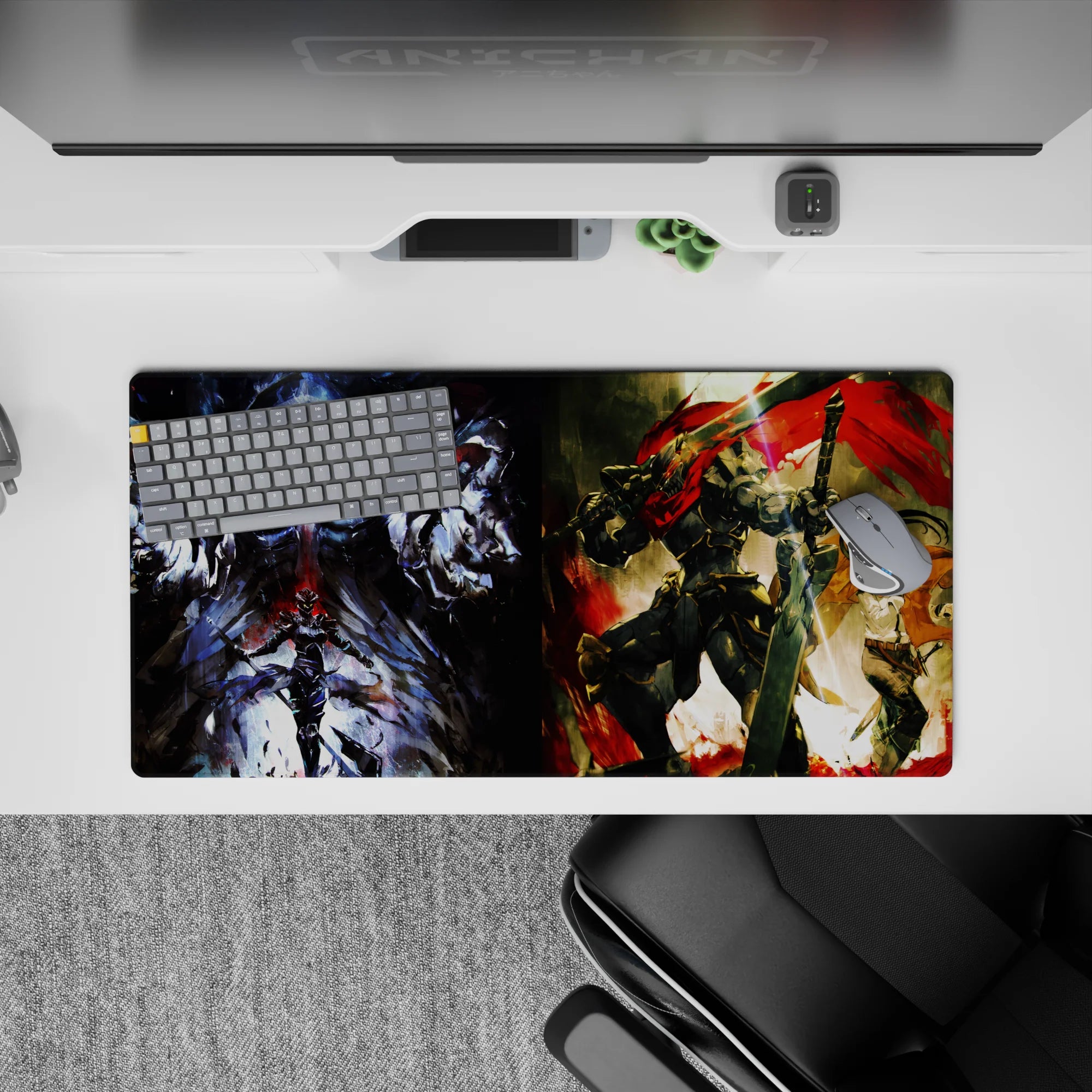 Anime mouse pad 32x16 inches with Ainz Ooal Gown from Overlord and Goblin Slayer from Goblin Slayer, vivid and intense.