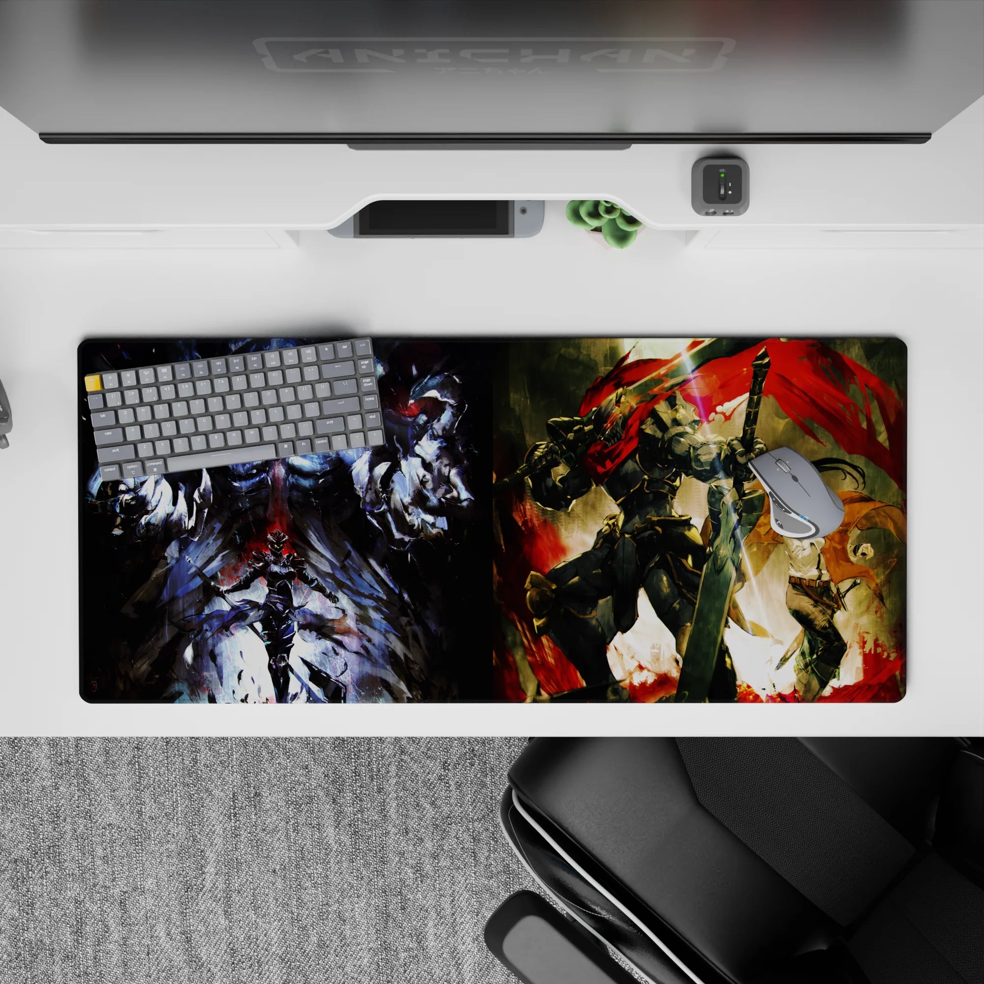 Anime desk pad 36x16 inches featuring Ainz Ooal Gown from Overlord and Goblin Slayer from Goblin Slayer in vivid colors.