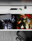 Anime desk pad 36x16 inches featuring Ainz Ooal Gown from Overlord and Goblin Slayer from Goblin Slayer in vivid colors.