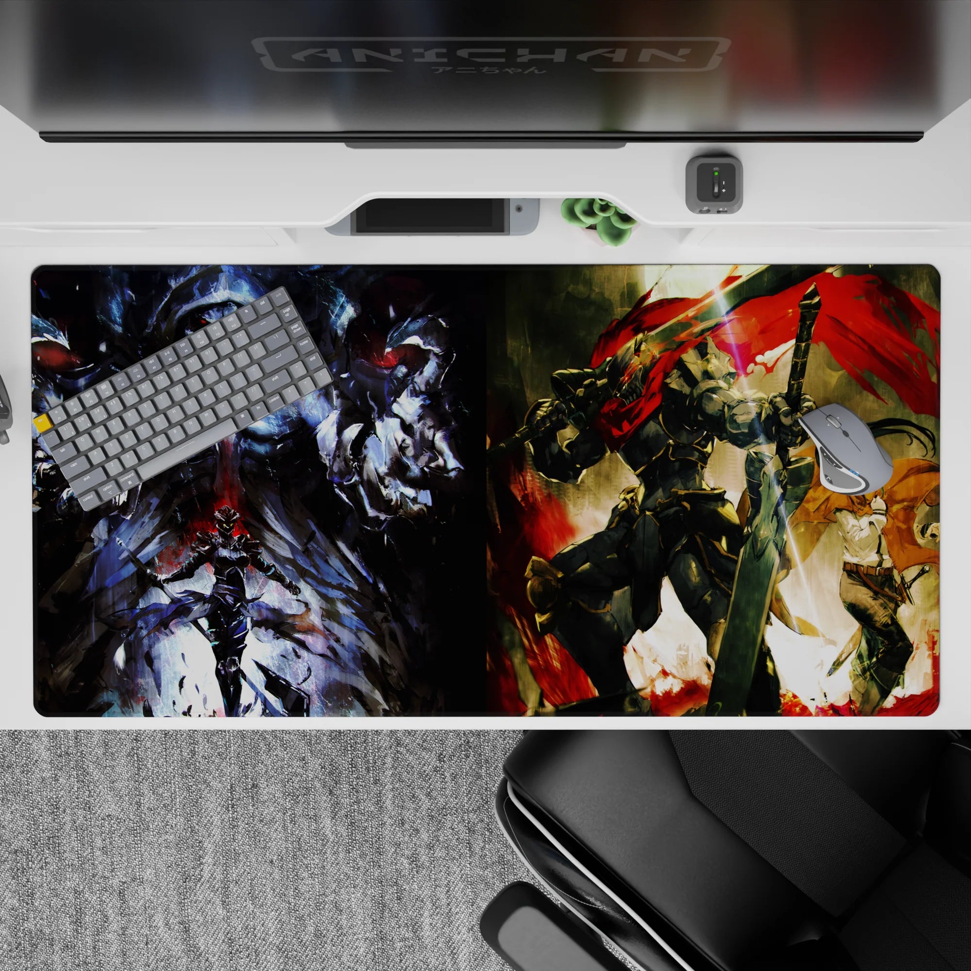 Anime desk pad 40x20 inches featuring Ainz Ooal Gown from Overlord and Goblin Slayer, split into realms of magic and ferocity.