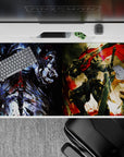 Anime desk pad 40x20 inches featuring Ainz Ooal Gown from Overlord and Goblin Slayer, split into realms of magic and ferocity.