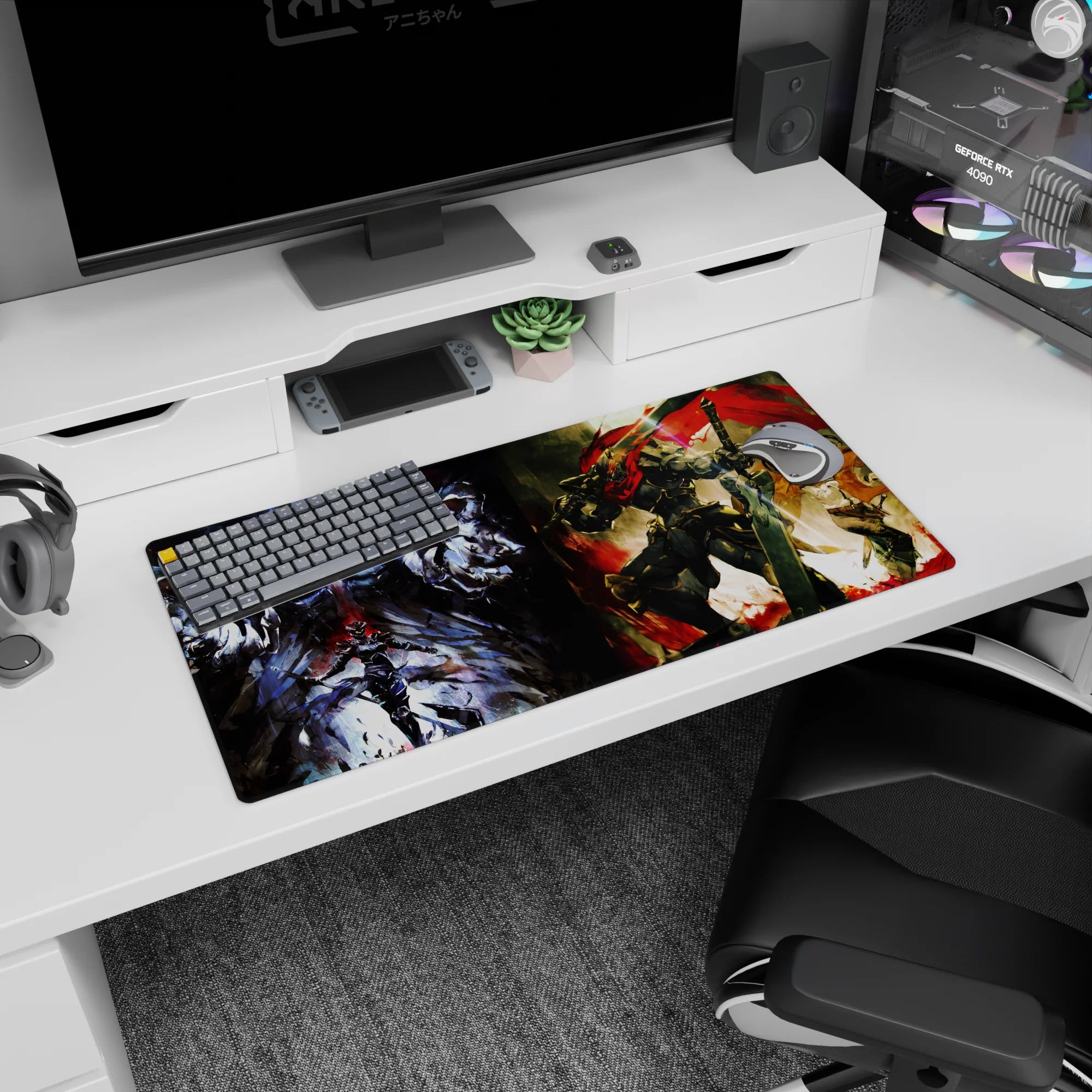 Anime mouse pad 32x16 inches featuring Ainz Ooal Gown from Overlord and Goblin Slayer from Goblin Slayer, vivid clash of realms.
