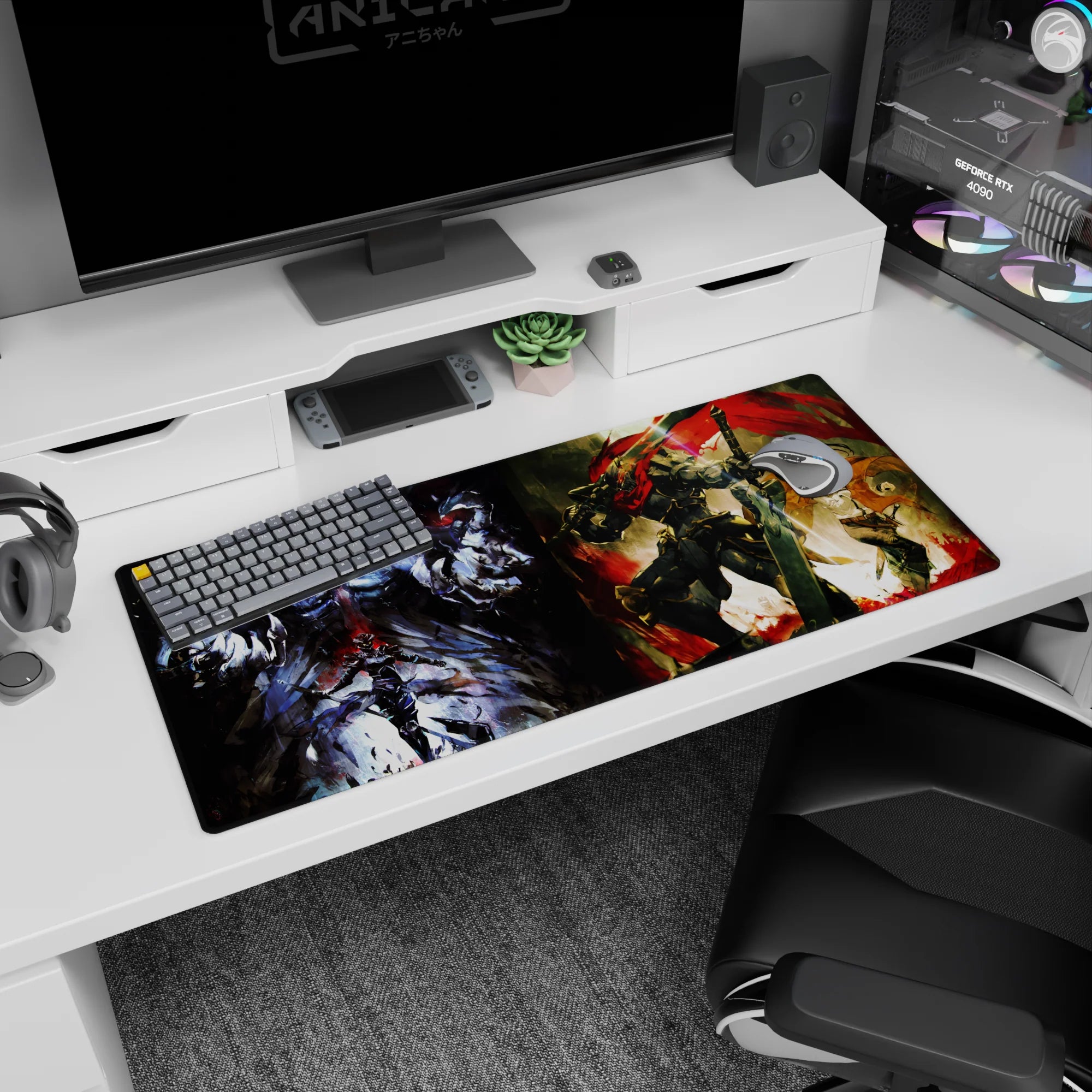 Anime desk pad 36x16 inches featuring Ainz Ooal Gown from Overlord and Goblin Slayer from Goblin Slayer in vivid detail.