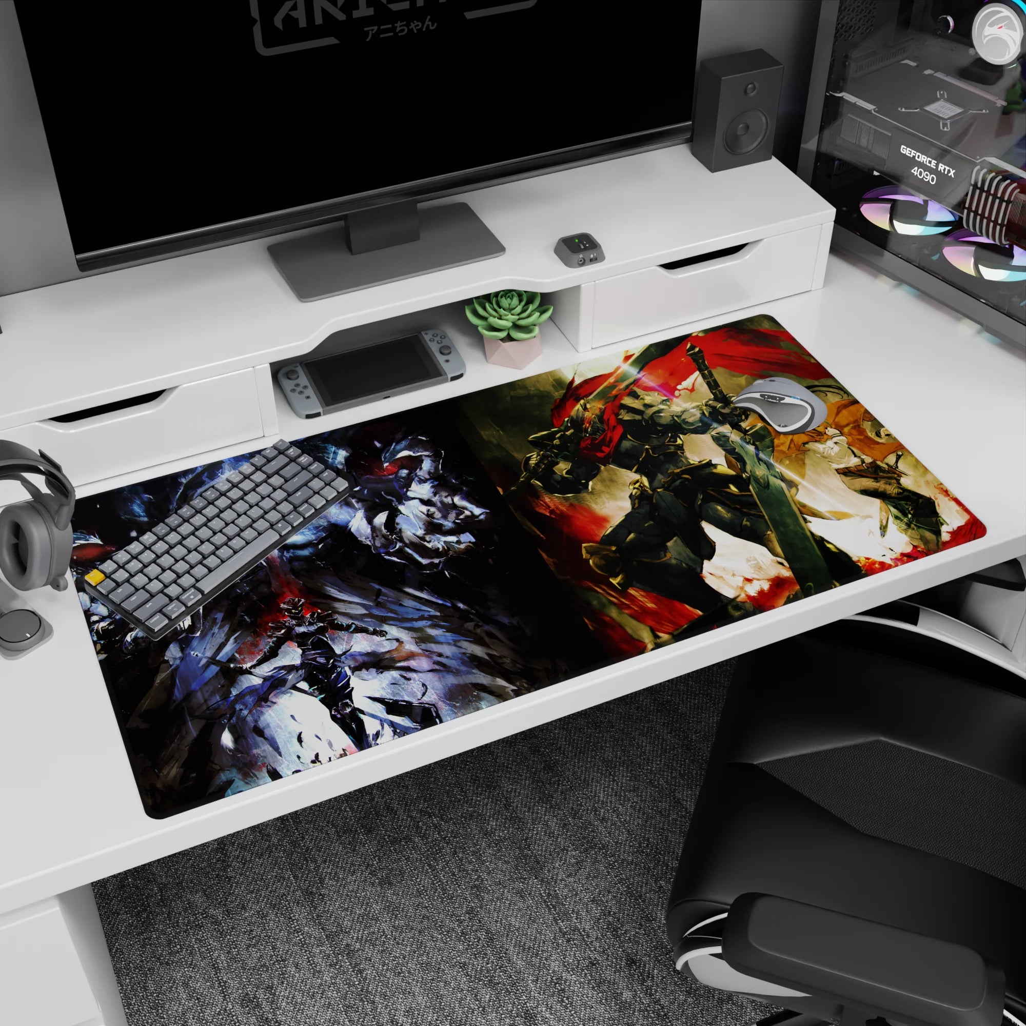 Anime desk pad 40x20 inches featuring Ainz Ooal Gown from Overlord and Goblin Slayer from Goblin Slayer, vivid design.