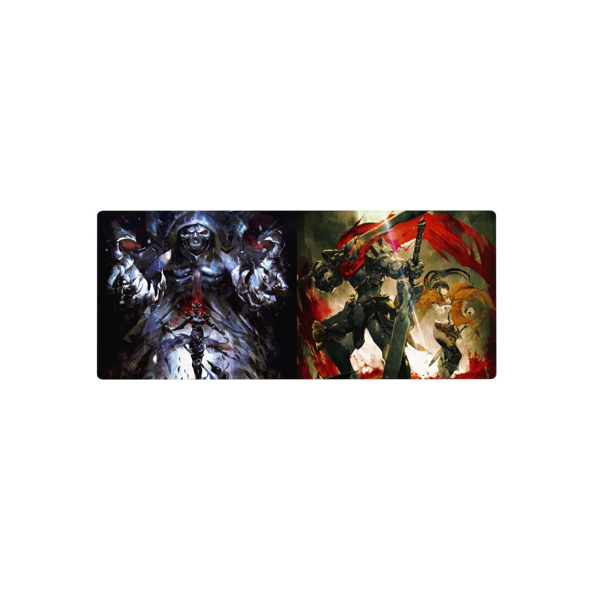 Anime mouse pad 28x12 inches featuring Ainz Ooal Gown from Overlord and Goblin Slayer, split by magic and vengeance.