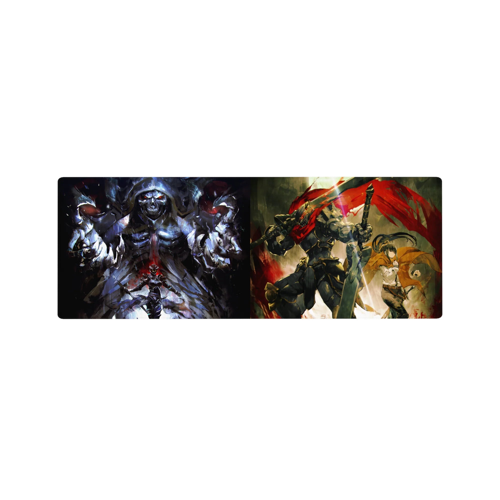 Anime mouse pad 32x12 inches featuring Ainz Ooal Gown from Overlord and Goblin Slayer from Goblin Slayer, vivid design.
