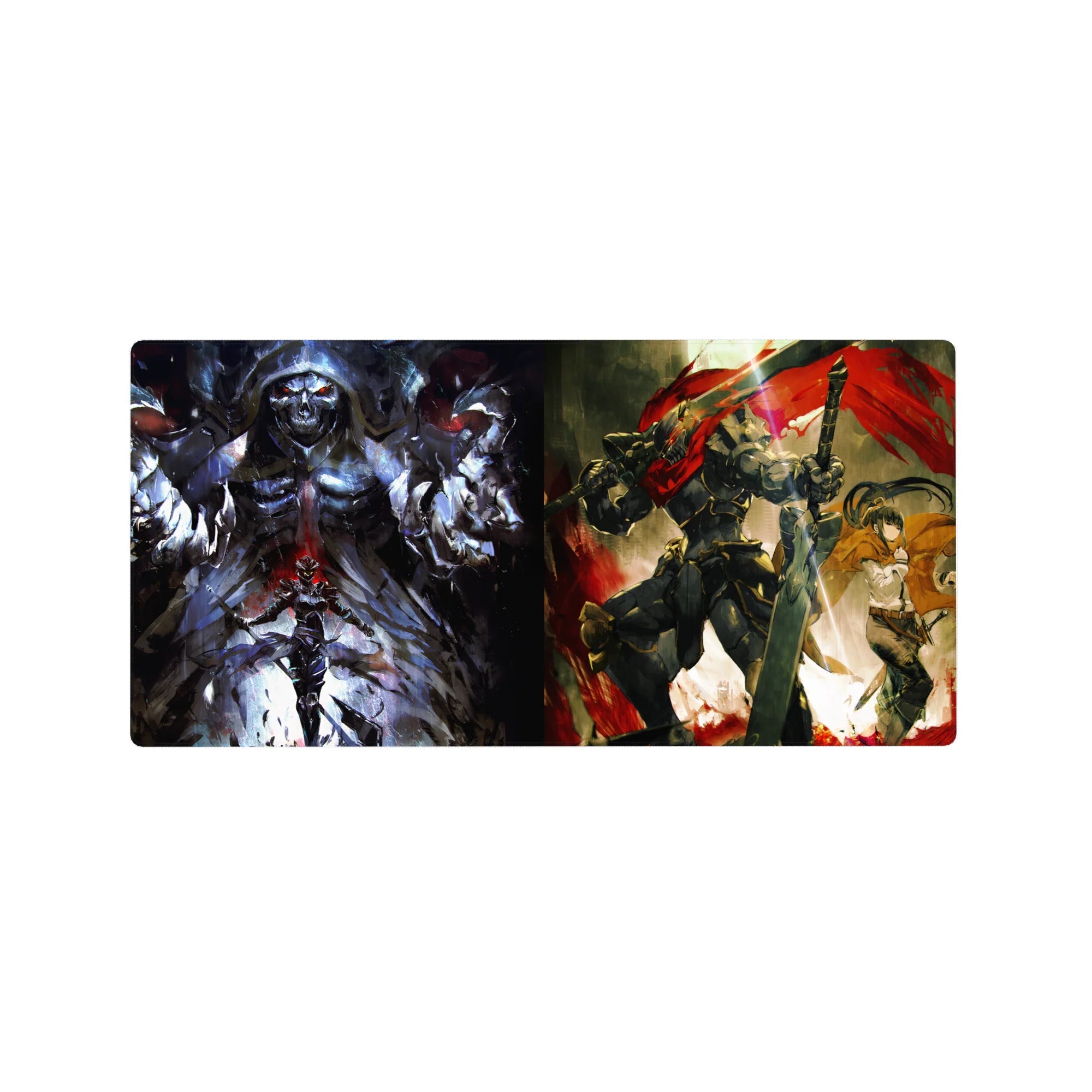 Anime mouse pad 32x16 inches featuring Ainz Ooal Gown from Overlord and Goblin Slayer from Goblin Slayer, intense design.