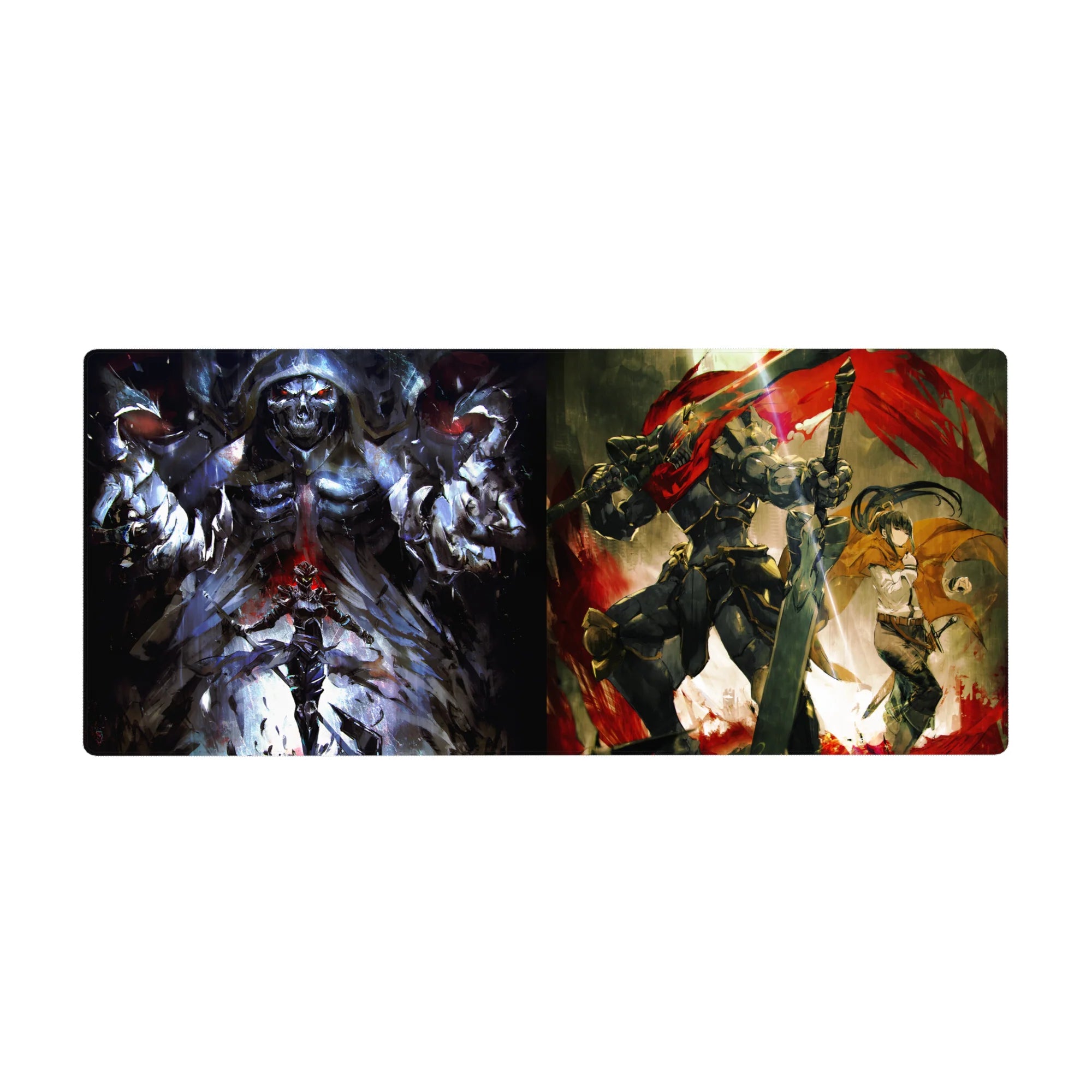 Anime desk pad 36x16 inches featuring Ainz Ooal Gown from Overlord and Goblin Slayer from Goblin Slayer in a dynamic clash.