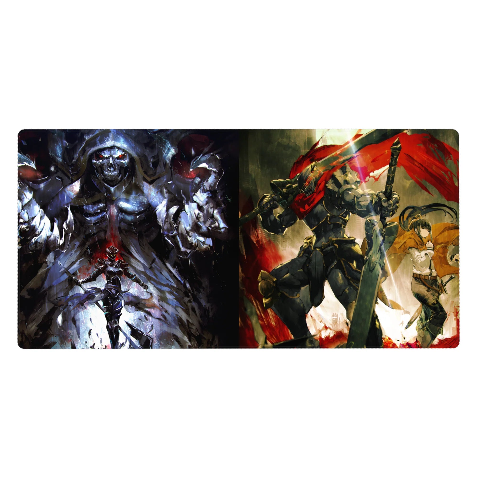Anime desk pad 40x20 inches featuring Ainz Ooal Gown from Overlord and Goblin Slayer, split into magic and vengeance realms.