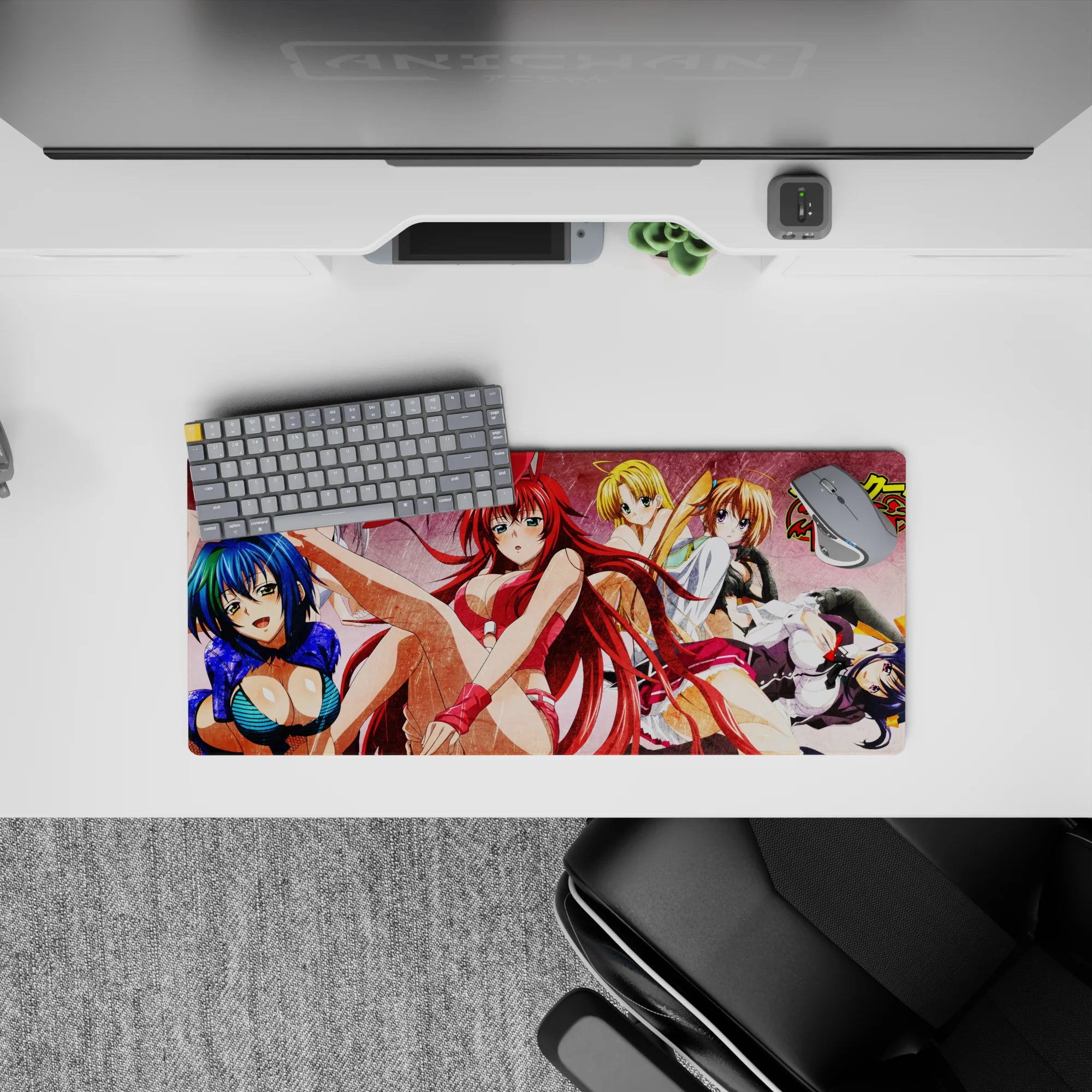 Anime mouse pad 28x12 inches featuring Rias, Irina, Asia, and Akeno from High School DxD in bold, dynamic poses.