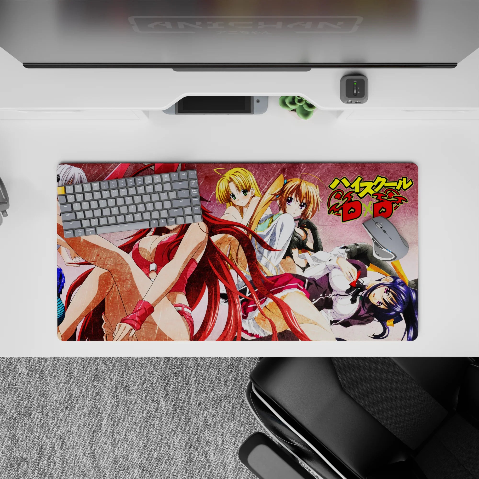 Anime mouse pad 32x16 inches with Rias, Irina, Asia, and Akeno from High School DxD in dynamic poses and grunge style.