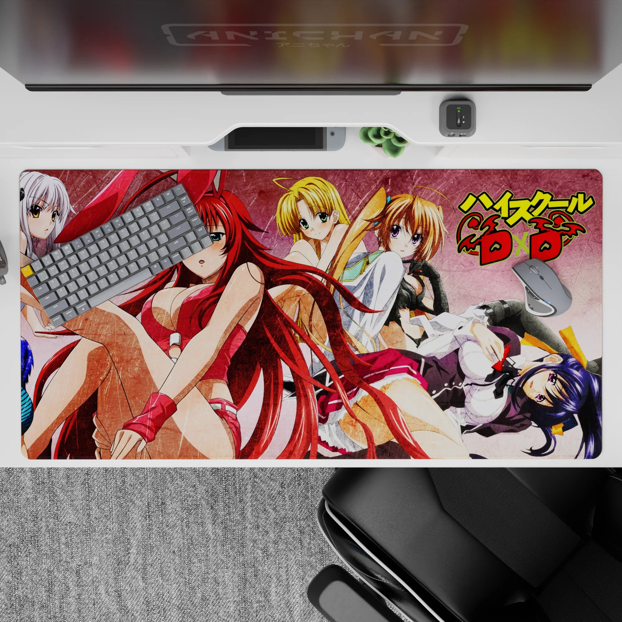 Grunge anime desk pad 40x20 inches featuring High School DxD's Rias, Irina, Asia, and Akeno with bold, playful poses.