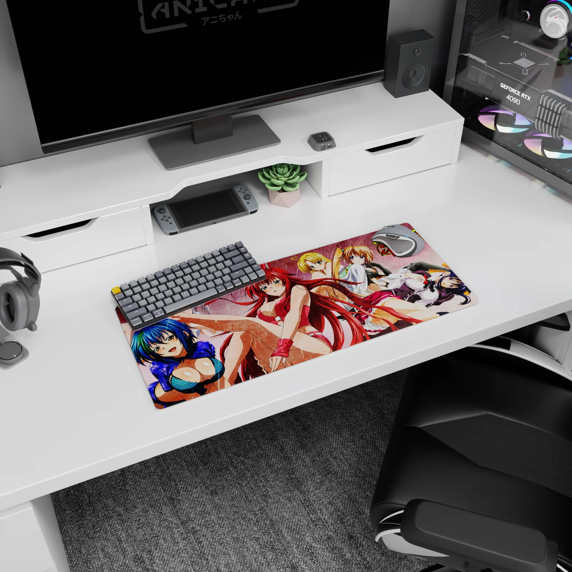 Anime mouse pad featuring Rias, Irina, Asia, and Akeno from High School DxD, 28x12 inches, grunge poster-style design.