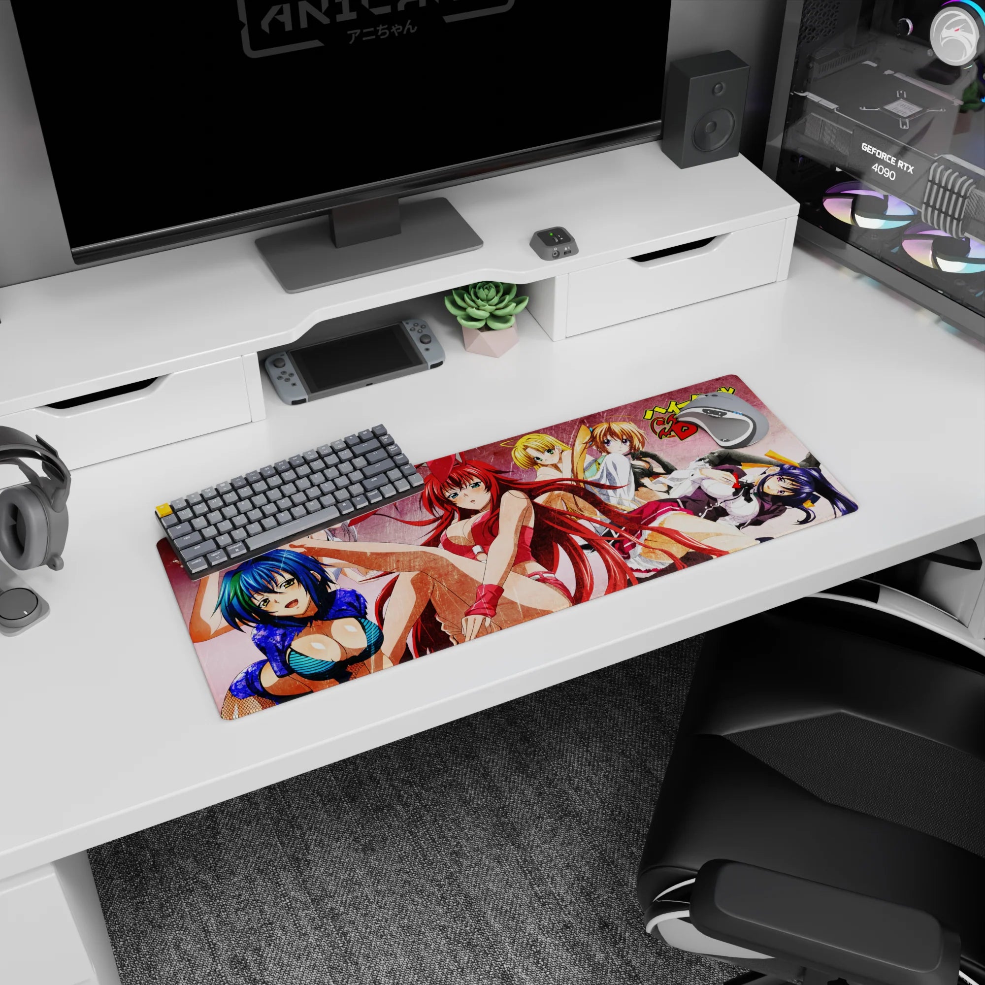Anime mouse pad 32x12 inches, featuring Rias in red bunny suit with Irina, Asia, Akeno from High School DxD.