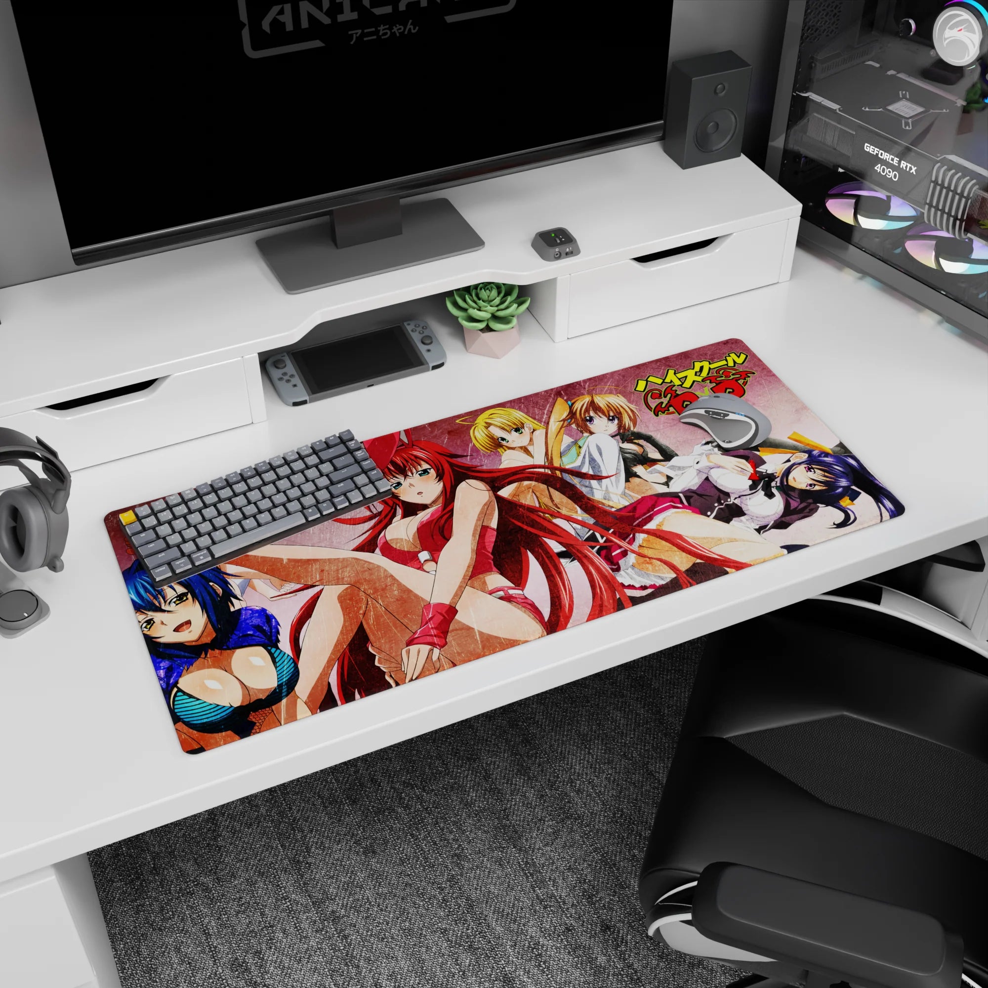 Anime desk pad 36x16 inches featuring Rias, Irina, Asia, and Akeno from High School DxD in dynamic poses with grunge style.