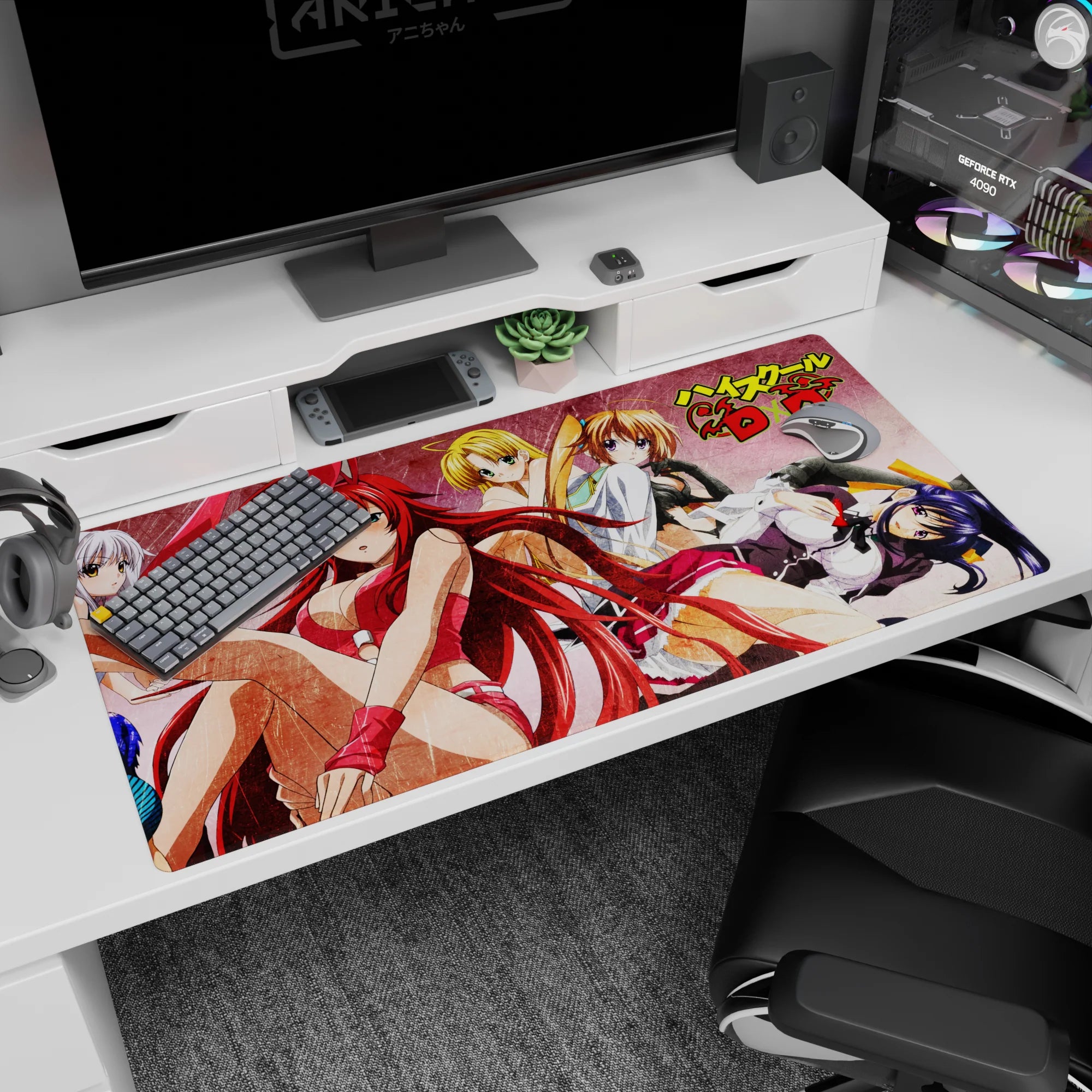 Anime desk pad 40x20 inches featuring Rias, Irina, Asia, and Akeno from High School DxD in dynamic poses.