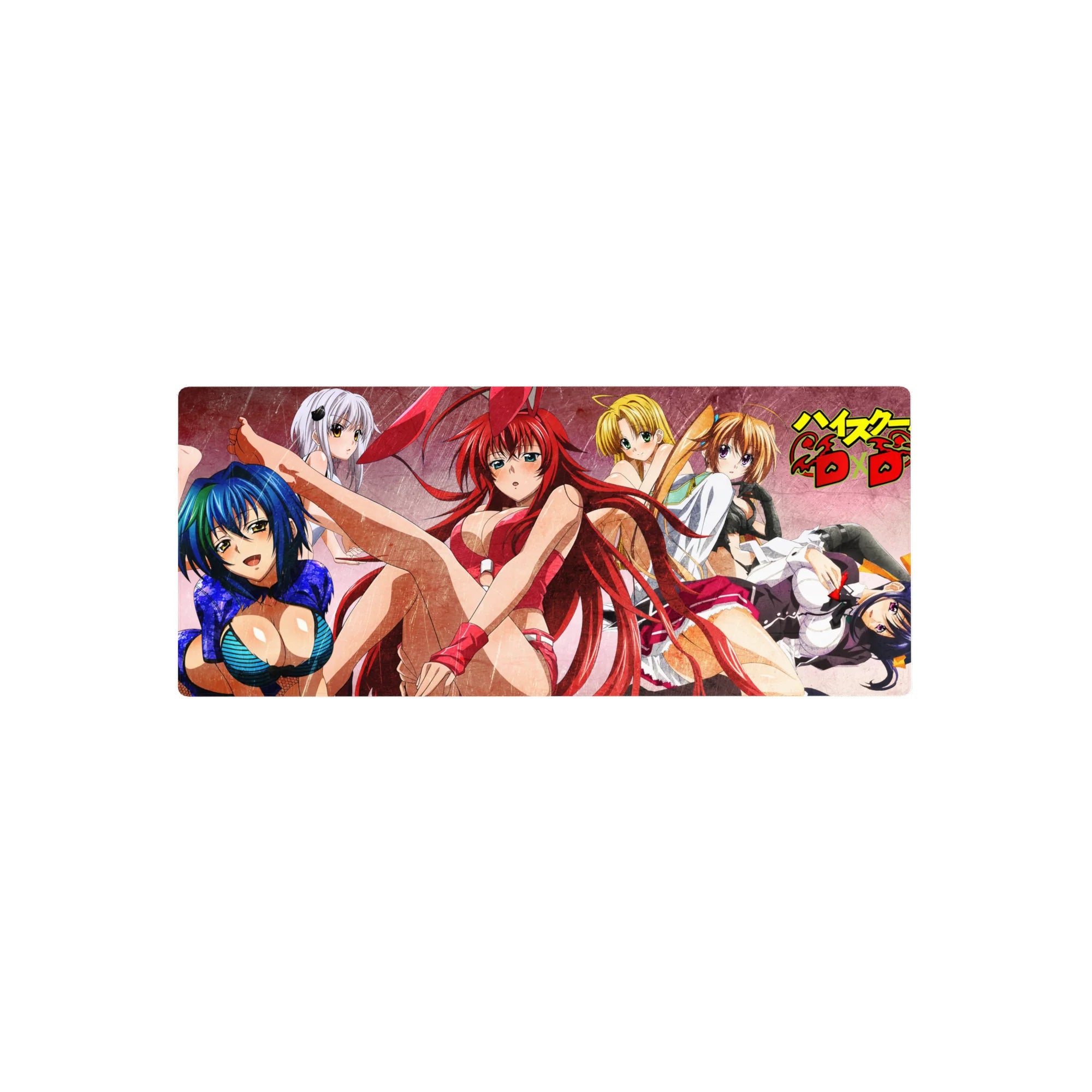 Anime mouse pad 28x12 inches featuring Rias in red bunny suit with Irina, Asia, and Akeno from High School DxD.