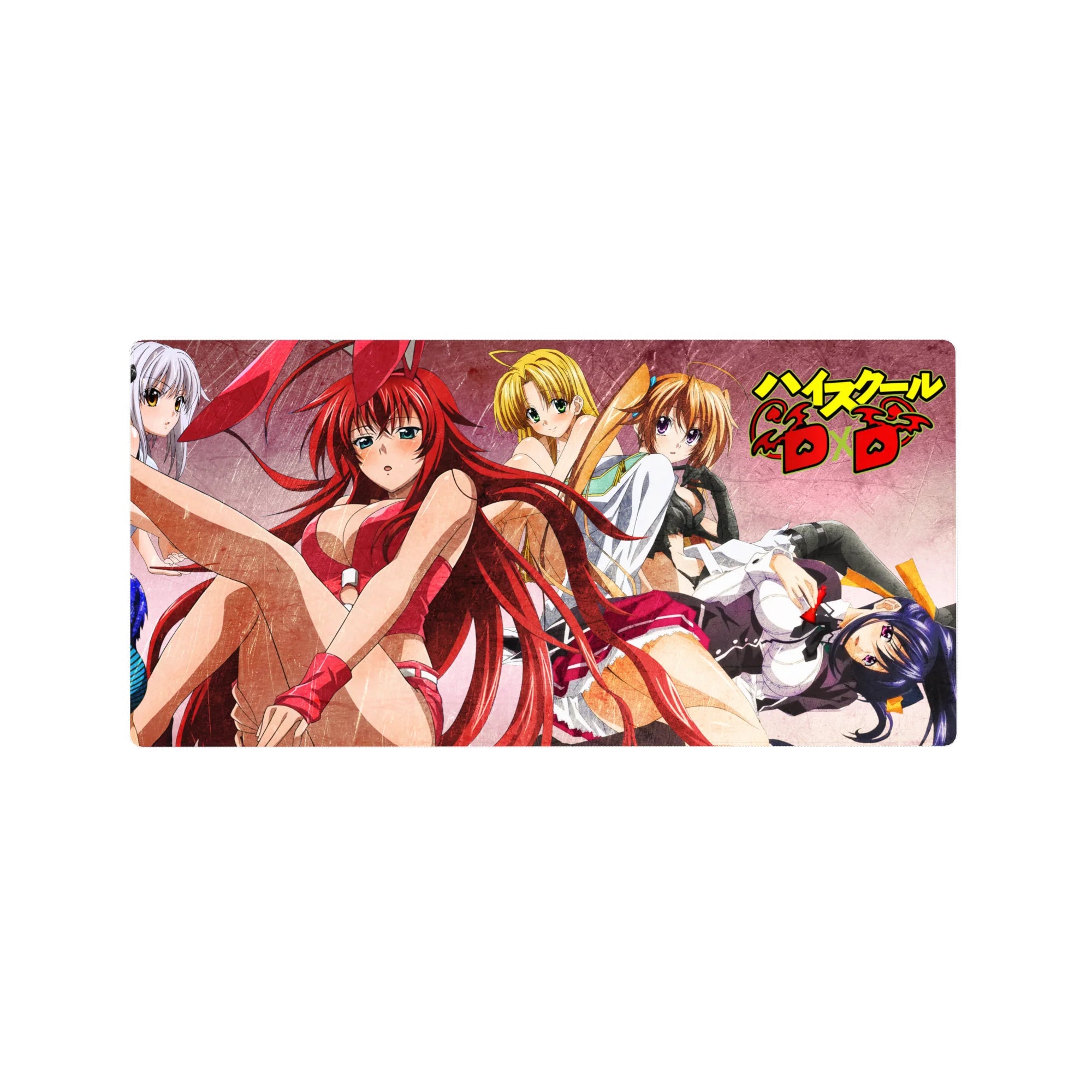 Anime mouse pad 32x16 inches featuring Rias in a red bunny suit with Irina, Asia, and Akeno from High School DxD.
