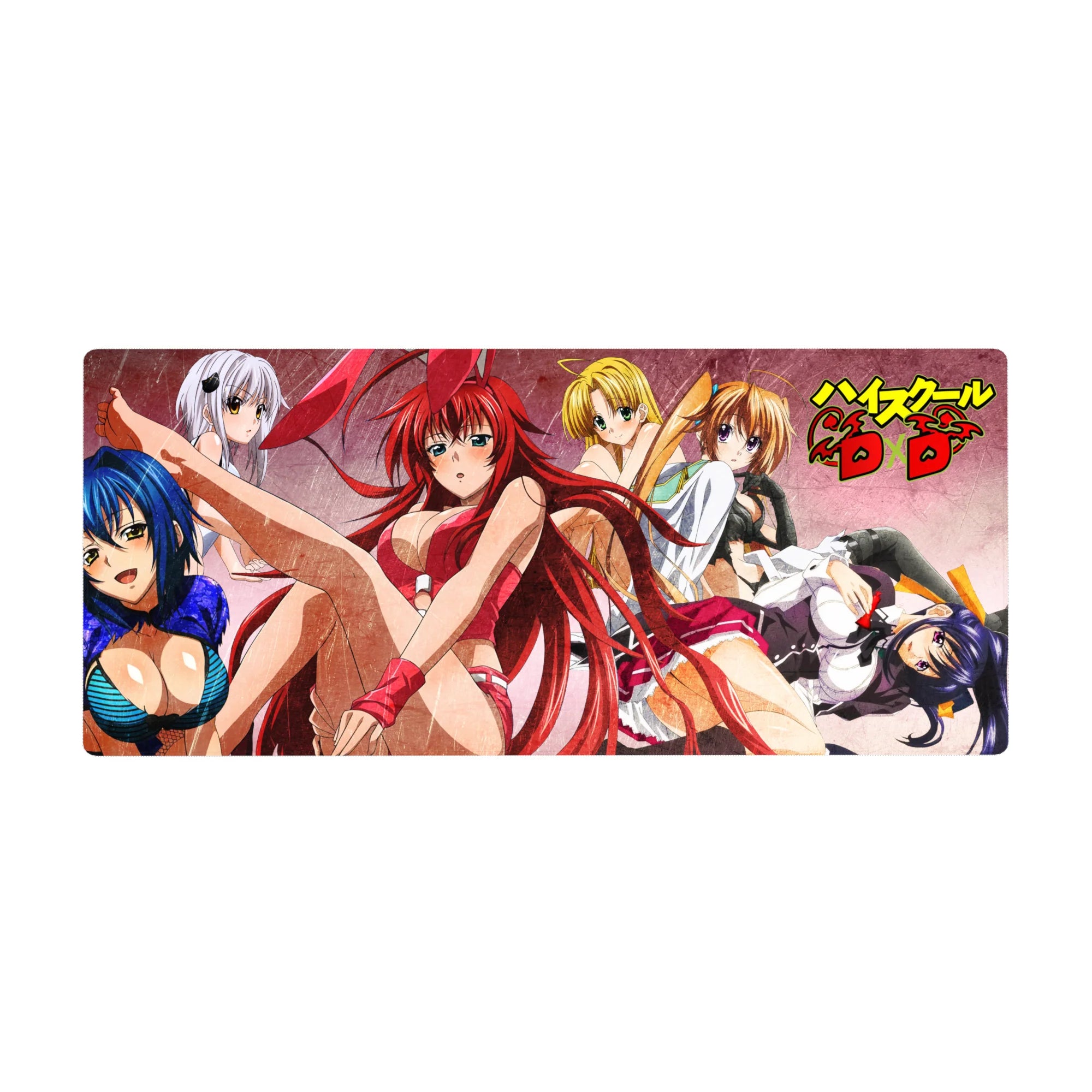 Anime desk pad 36x16 inches featuring Rias, Irina, Asia, and Akeno from High School DxD in bold poses with a grunge backdrop.