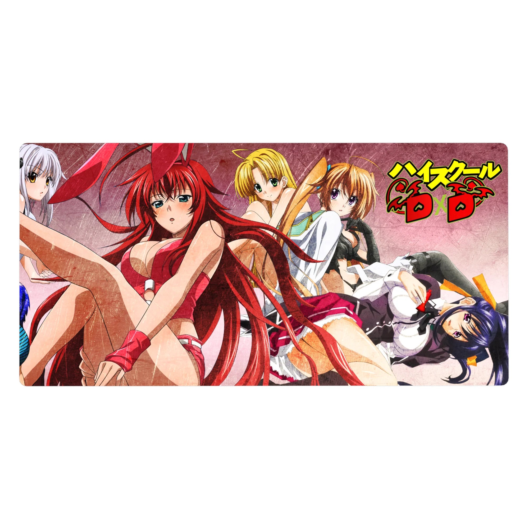 Grunge-style 40x20 inch anime desk pad featuring Rias in red bunny suit with Irina, Asia, and Akeno from High School DxD.