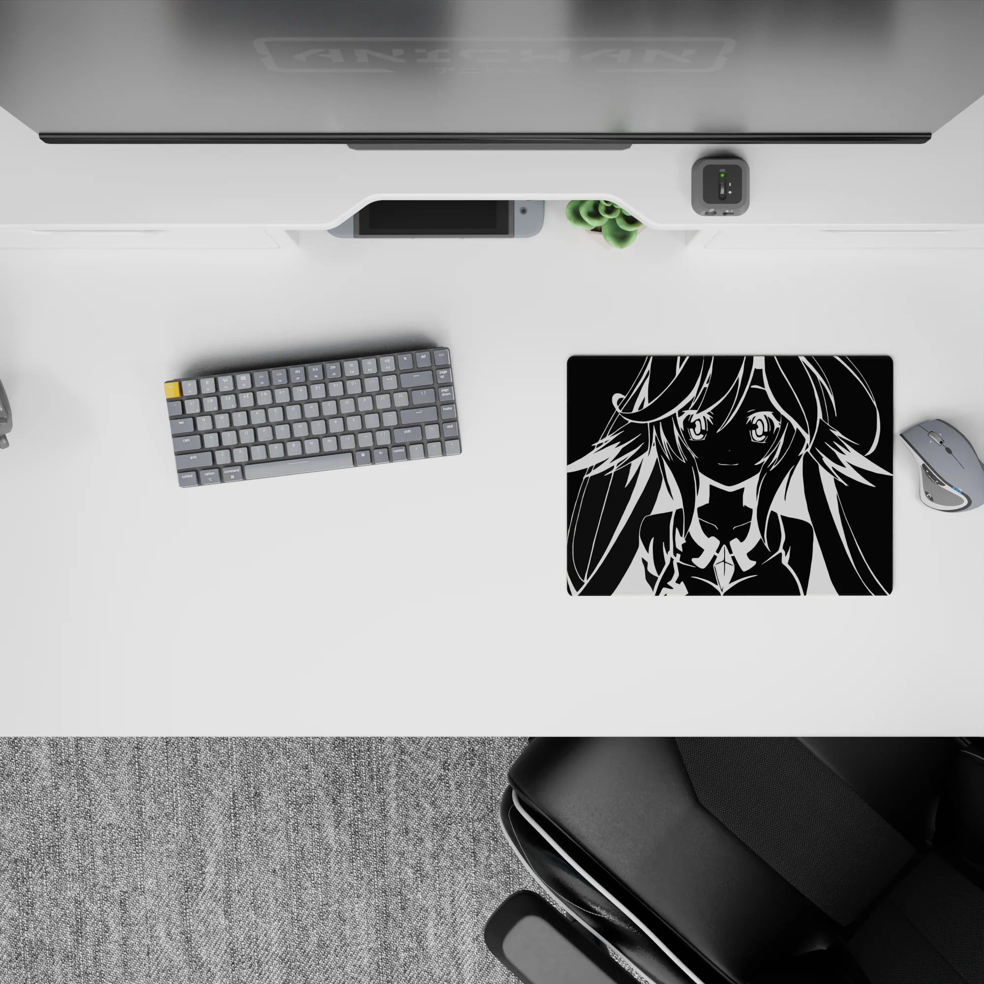 Black and white anime mouse pad 14x10 inches, minimal bold high-contrast look with a light, cute vibe.