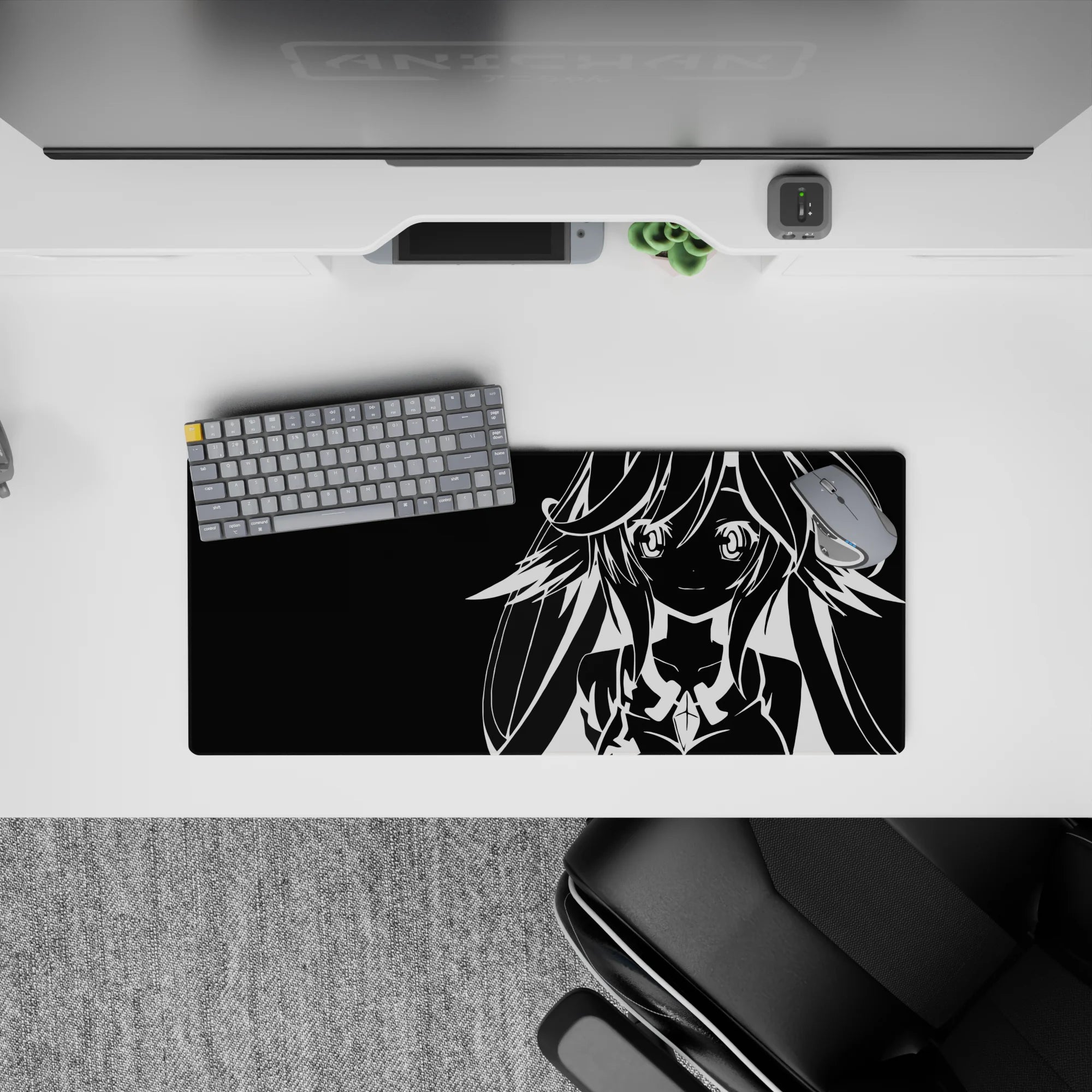 High-contrast monochrome anime desk mat with hypnotic poster vibe, 28x12 inches.