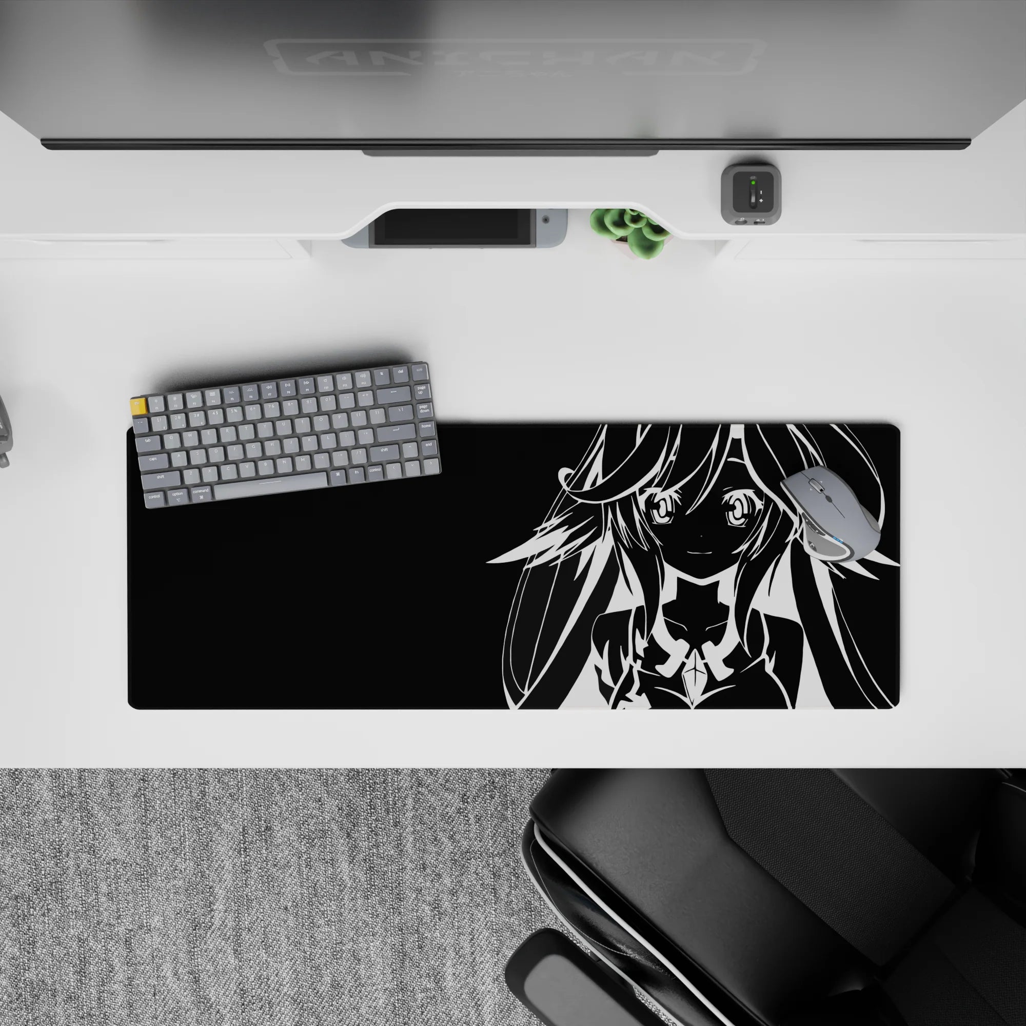 32x12 inches monochrome anime girl mouse pad, high-contrast black and white poster vibe, clean and hypnotic.