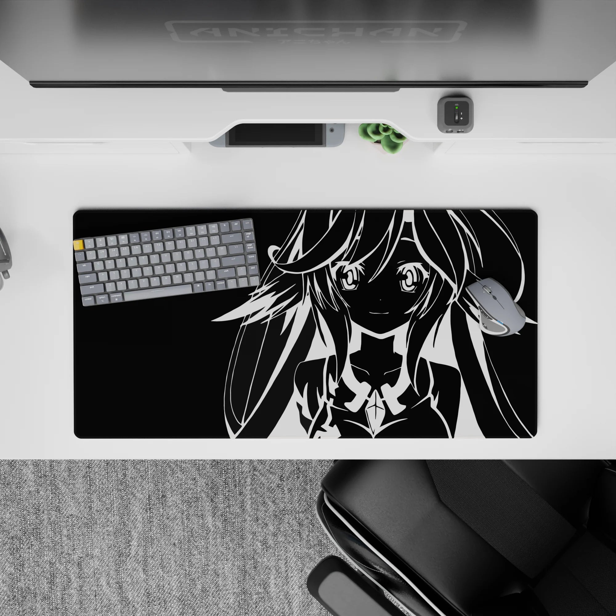 32x16 inches black and white anime mouse pad, minimal poster-style look with crisp contrast and light mood.