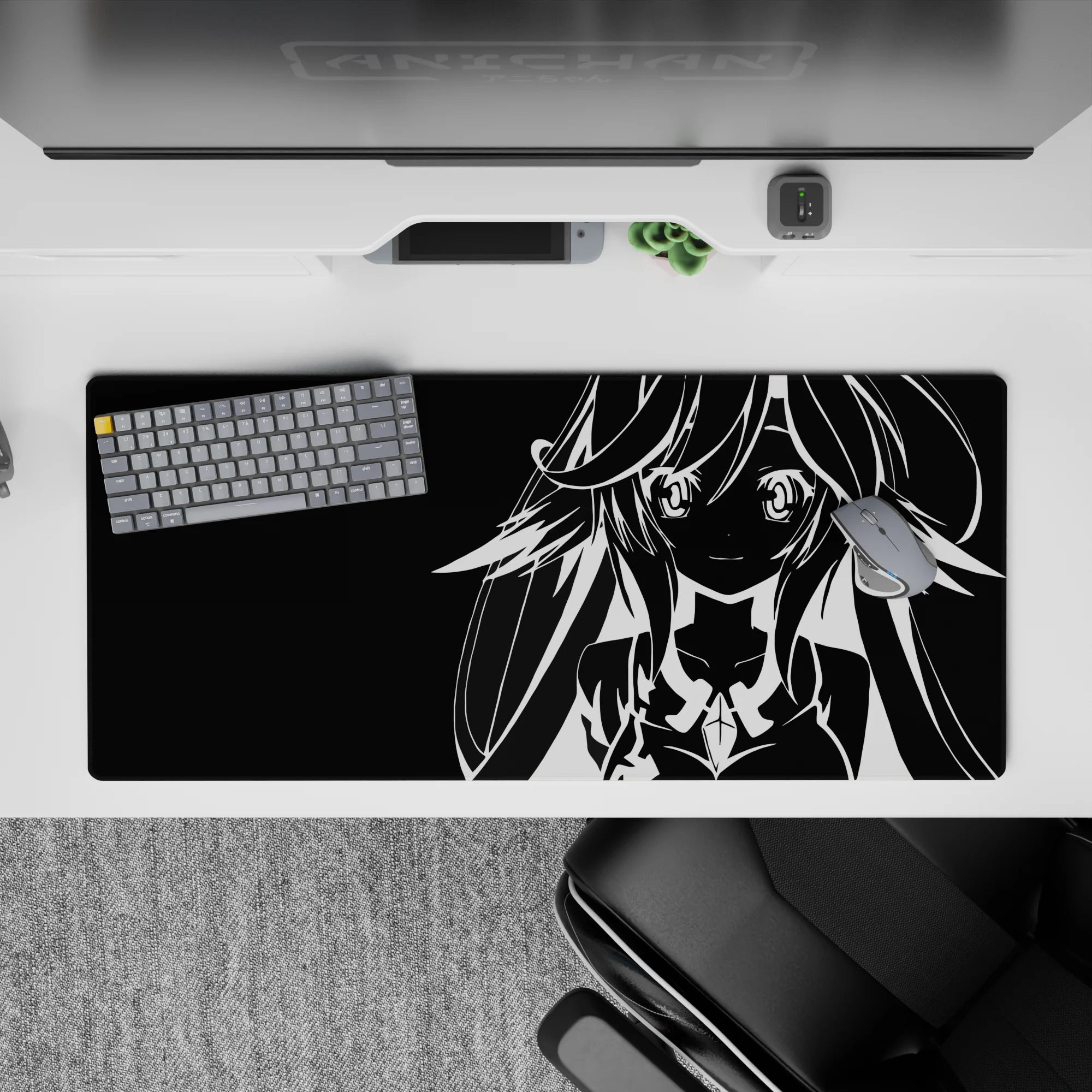 High-contrast black and white anime desk pad 36x16 inches with clean, hypnotic poster vibe.