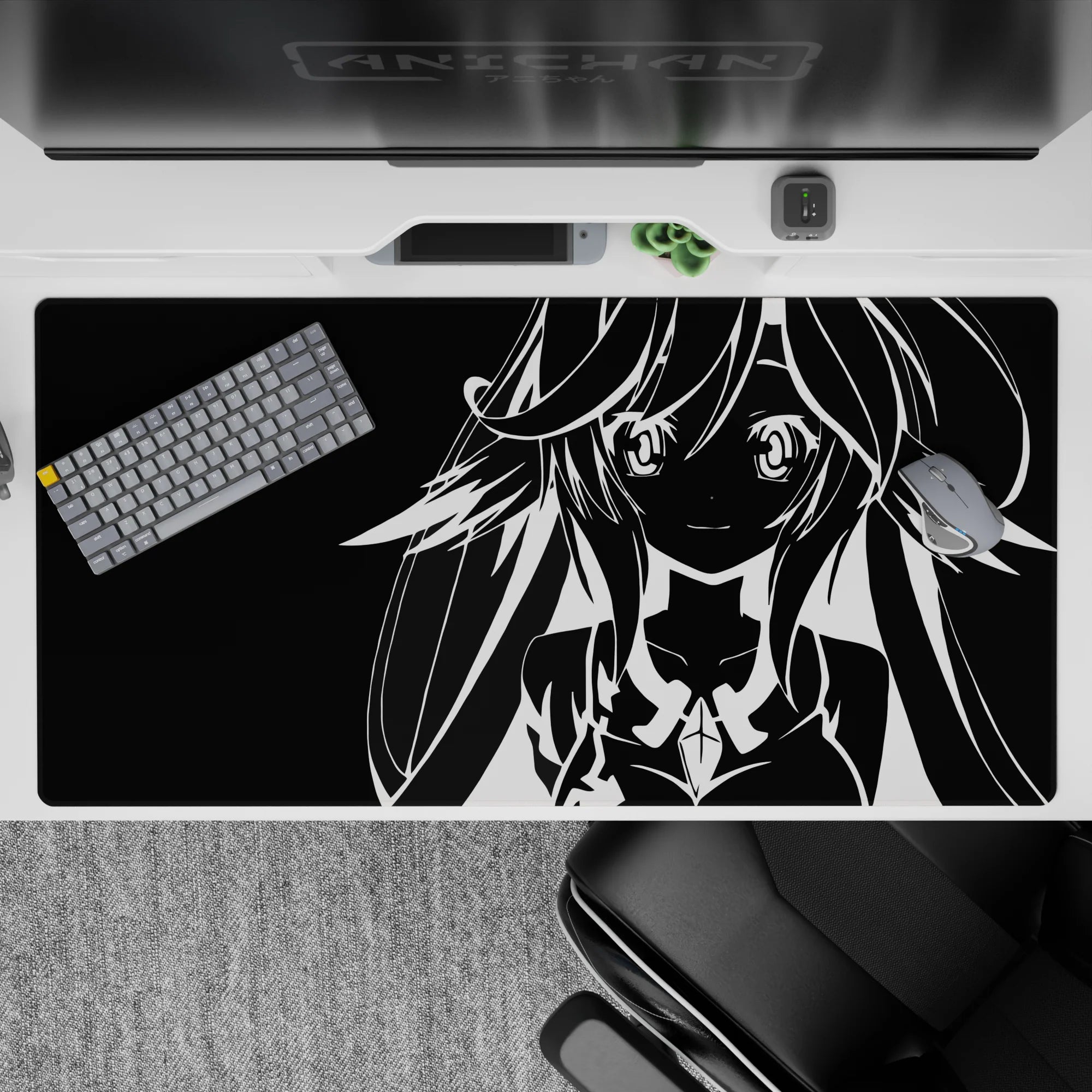 Black and white anime desk pad 40x20 inches, minimal high-contrast poster vibe with playful, hypnotic mood.