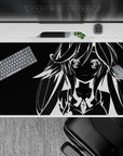 Black and white anime desk pad 40x20 inches, minimal high-contrast poster vibe with playful, hypnotic mood.