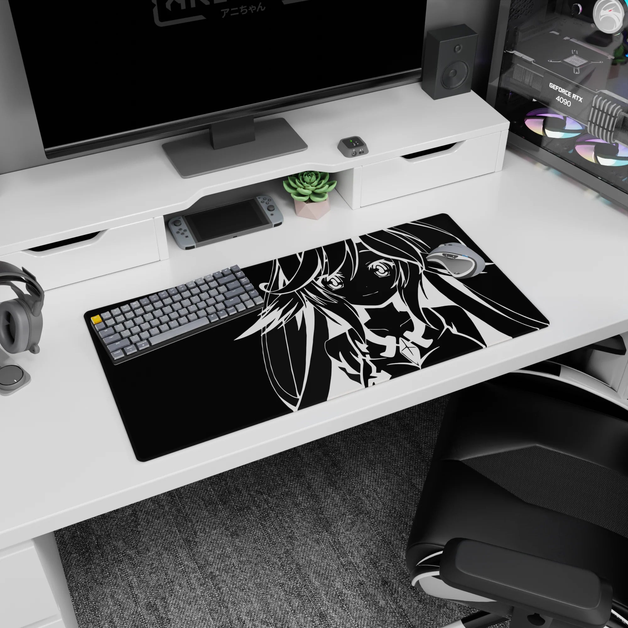 32x16 inches mouse pad featuring a hypnotic anime girl portrait, long hair framing bright eyes and soft smile.