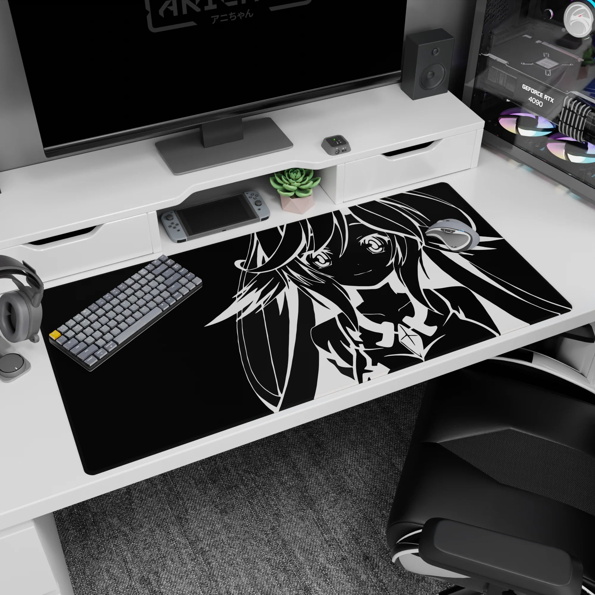 Close-up anime girl desk pad 40x20 inches featuring shining eyes, soft smile, and chest gem detail.