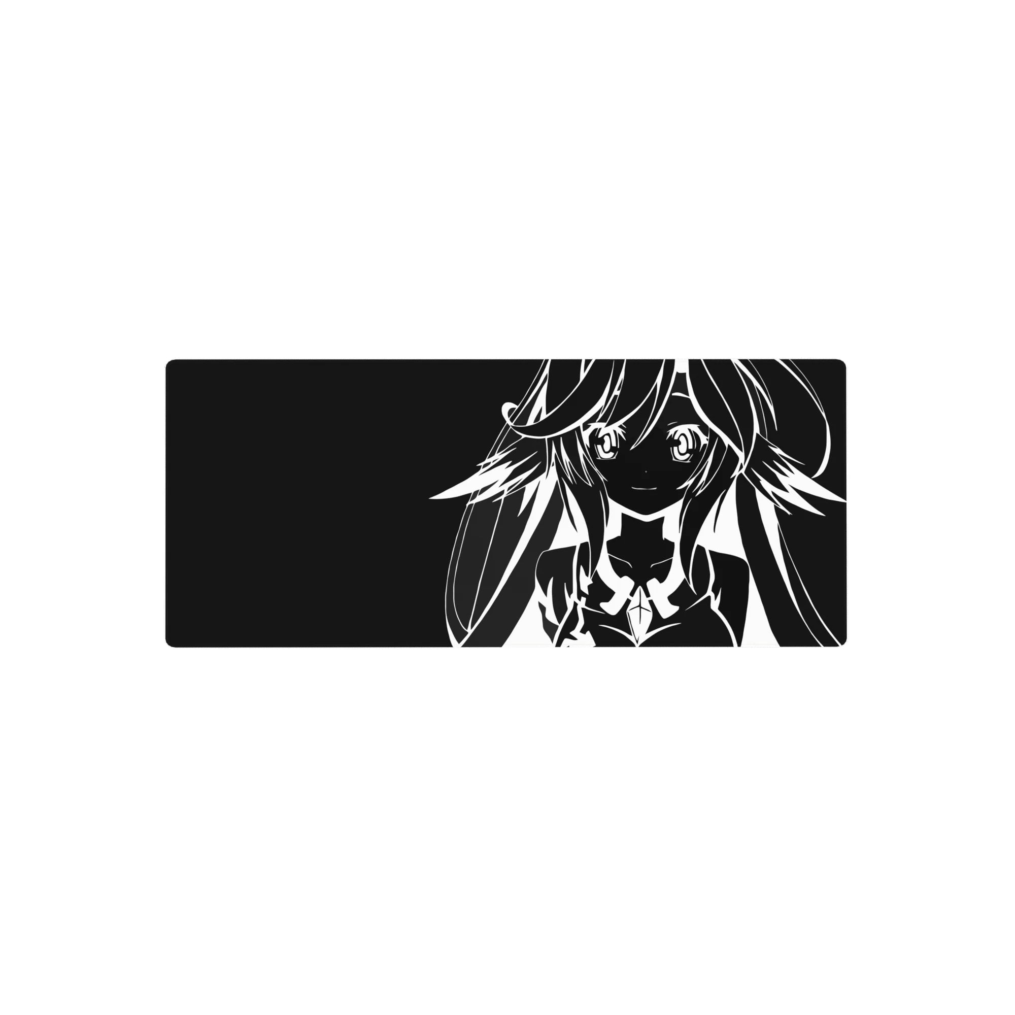 Minimal black and white anime girl mouse pad, bold line art design, 28x12 inches.