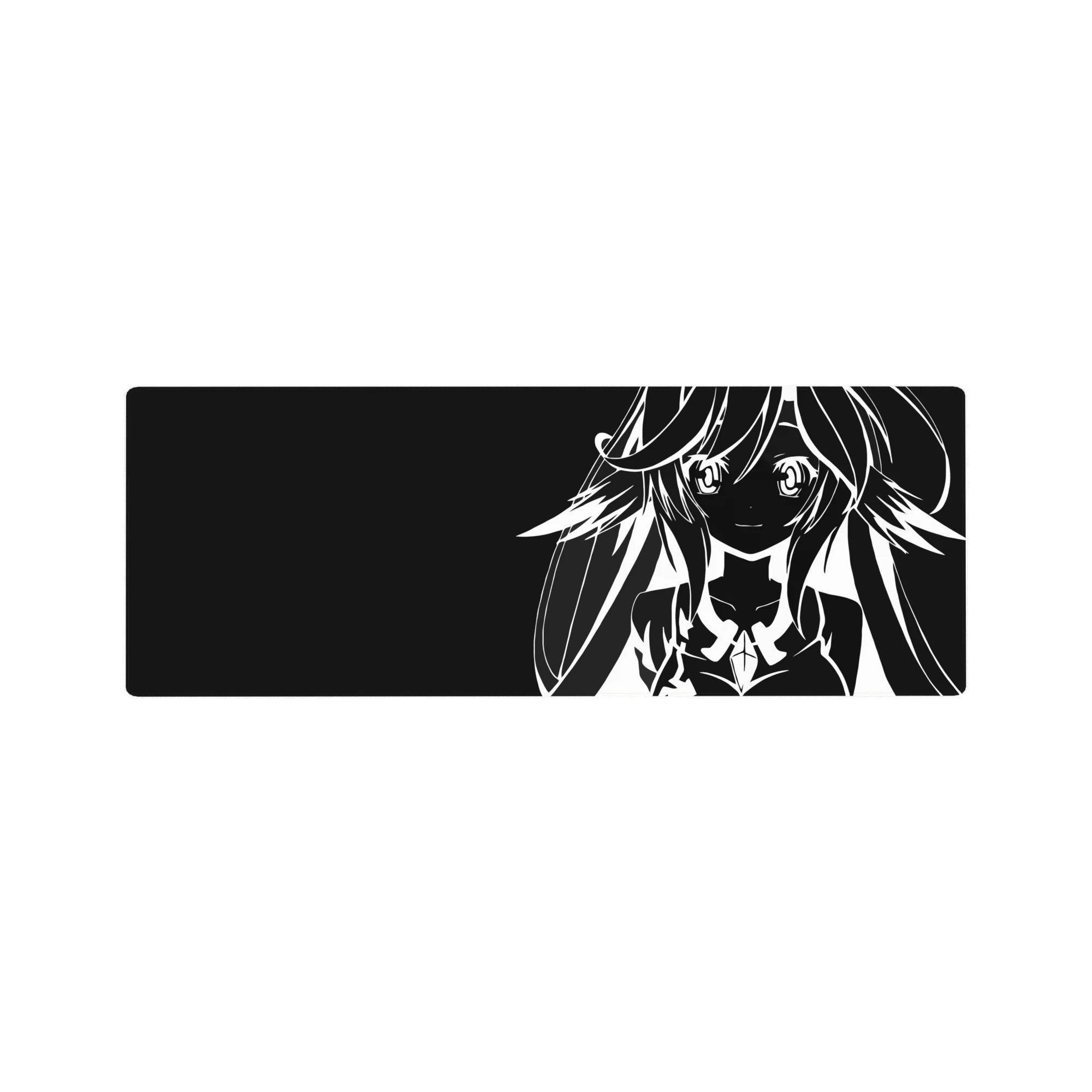 32x12 inches anime girl mouse pad with bold black-and-white line art, long hair, big eyes, sci-fi outfit.