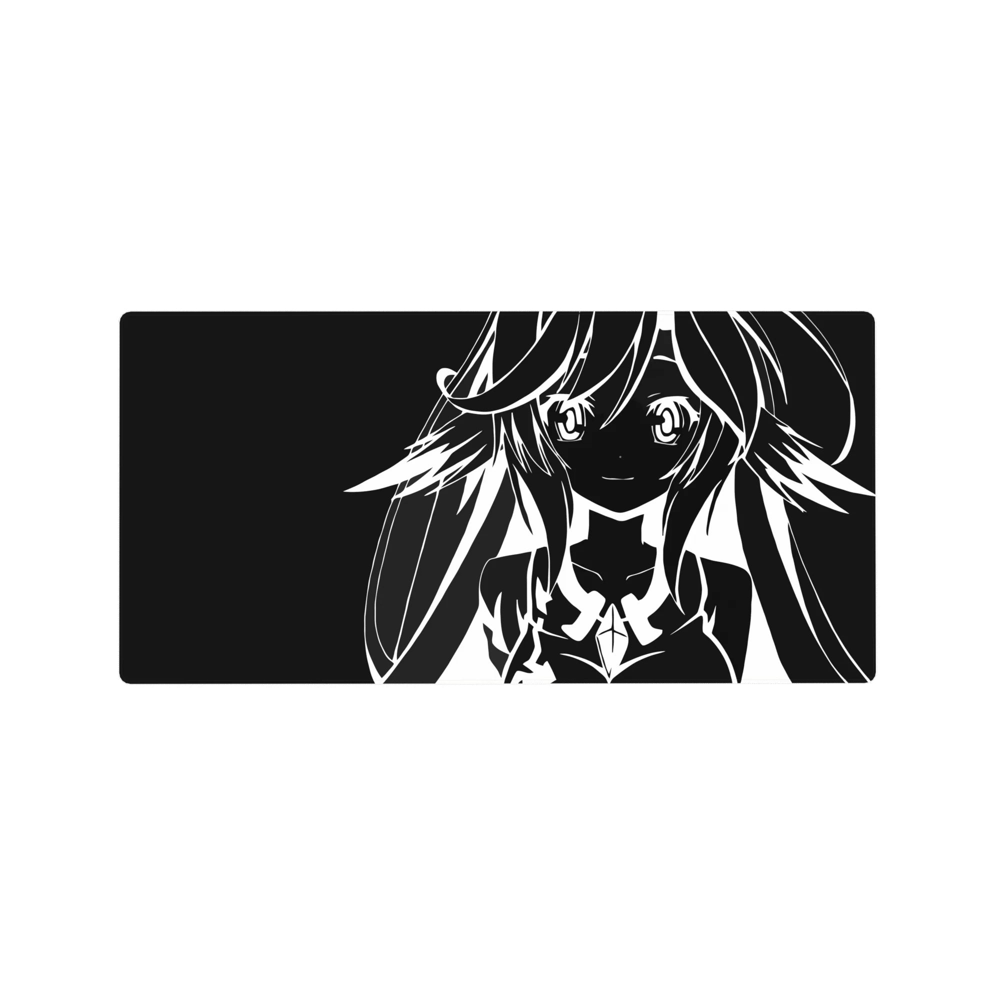 32x16 inches anime girl mouse pad with bold white line art, flowing hair, big eyes, sci-fi gem detail.